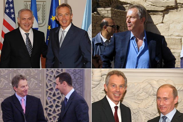 Clockwise from top left: Tony Blair with Benjamin Netanyahu in Jerusalem in 2009; at Karnak Temple in Luxor, Egypt in 2007; with Vladimir Putin in Moscow in 2008; with Bashar al-Assad in Damascus in 2001
