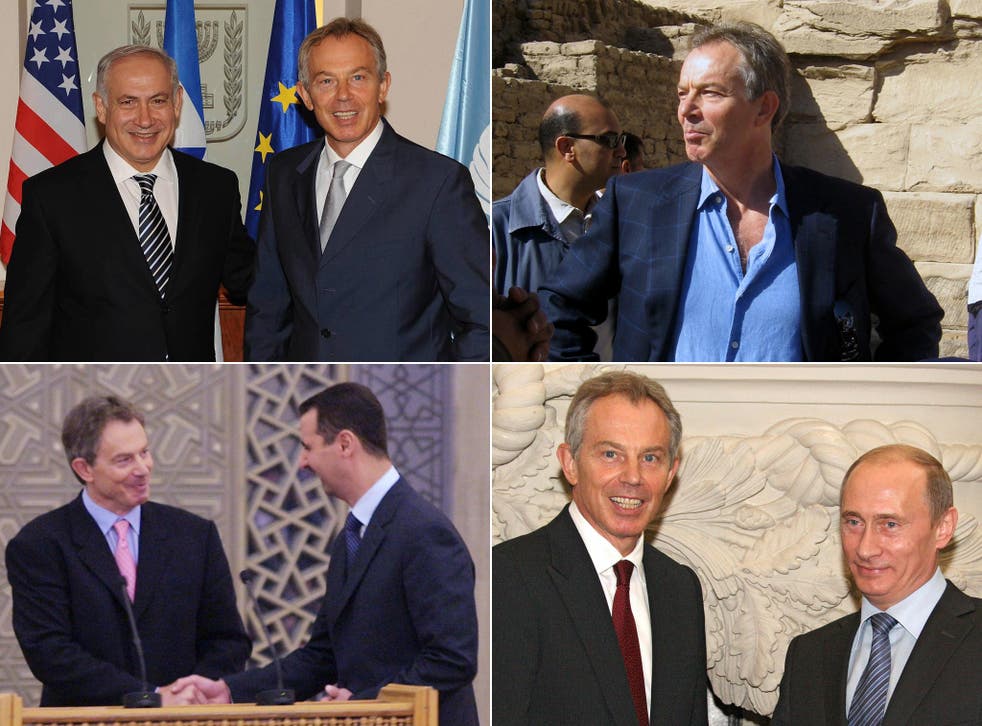Clockwise from top left: Tony Blair with Benjamin Netanyahu in Jerusalem in 2009; at Karnak Temple in Luxor, Egypt in 2007; with Vladimir Putin in Moscow in 2008; with Bashar al-Assad in Damascus in 2001