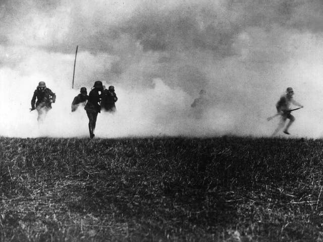 German infantrymen attack through a cloud of poison gas. By the end of the war, both sides had employed various kinds of gas