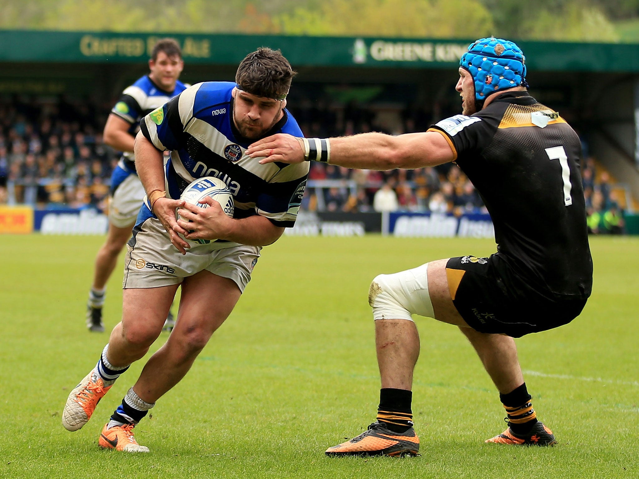 Rob Webber of Bath goes over to score a try after a poor line-out throw by Wasps’ Carlo Festuccia