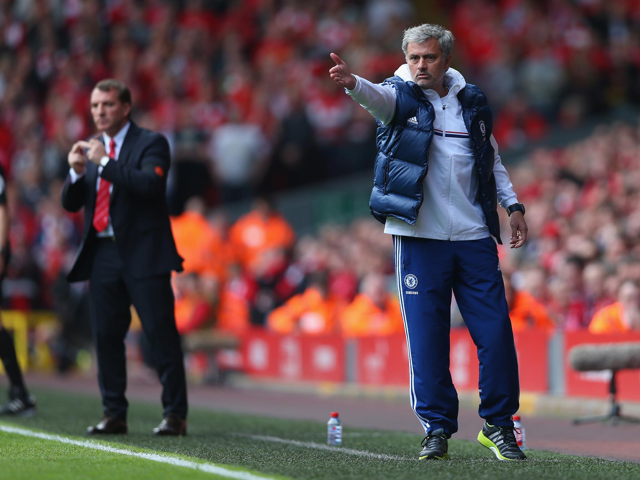 Jose Mourinho remonstrates from the sidelines during Chelsea's 2-0 victory over Liverpool