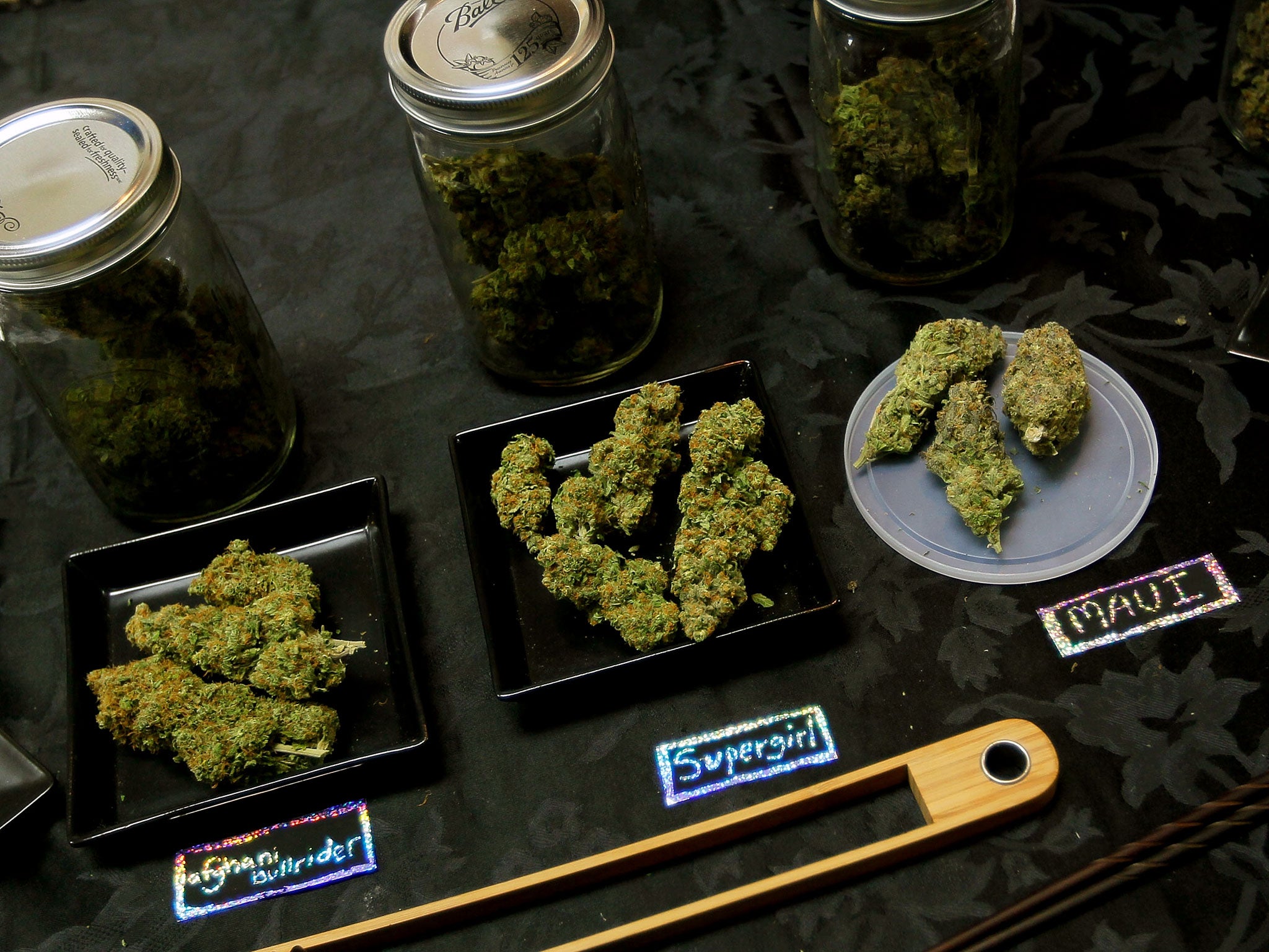 An array of marijuana samples are seen on a table at the Cannabis Crown 2010 expo in Aspen, Colorado. Colorado, one of 14 states to allow use of medical marijuana, has experienced an explosion in marijuana dispensaries, trade shows and related businesses