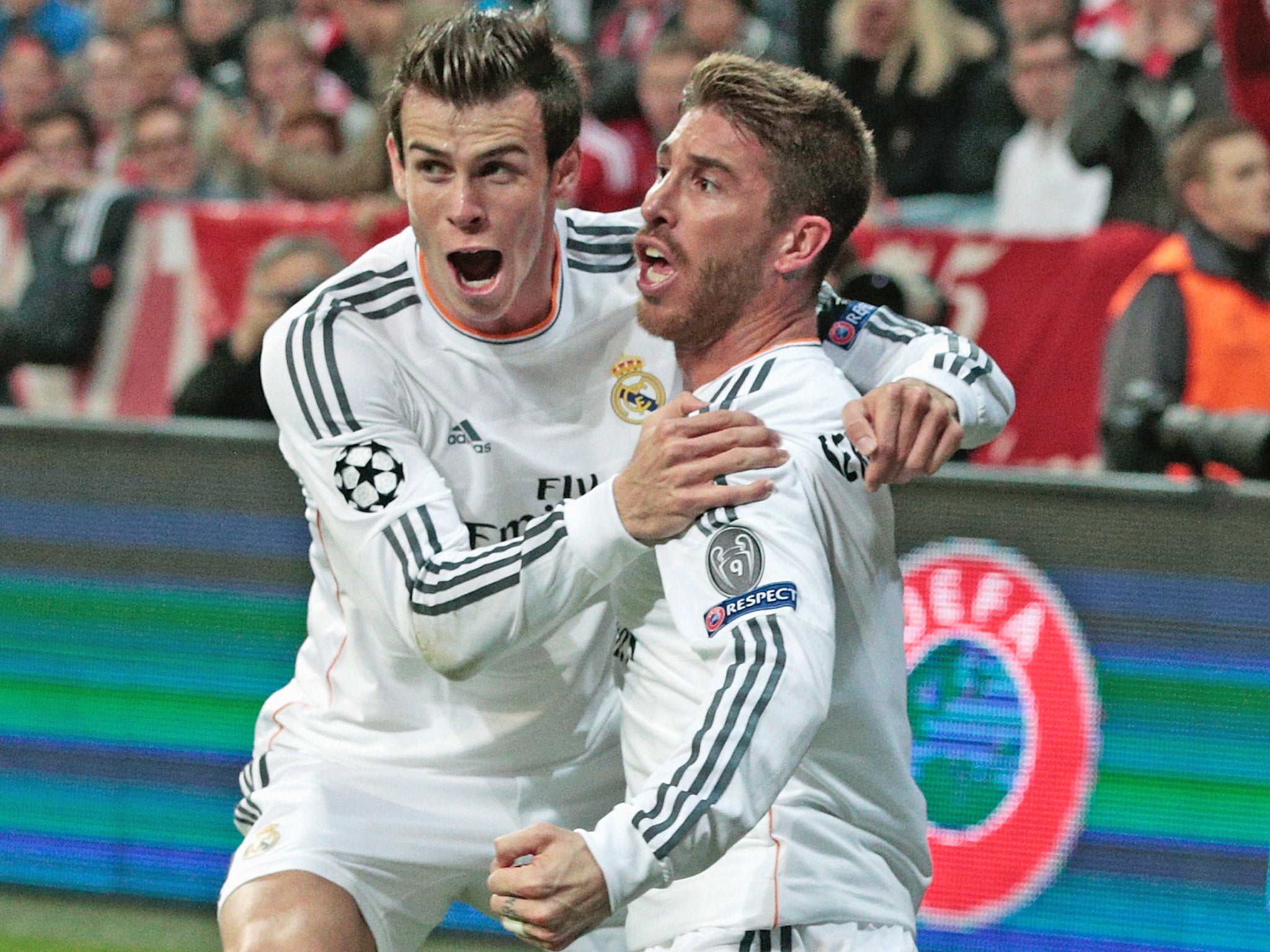 Gareth Bale celebrates with Sergio Ramos after one of the defender’s goals on Tuesday