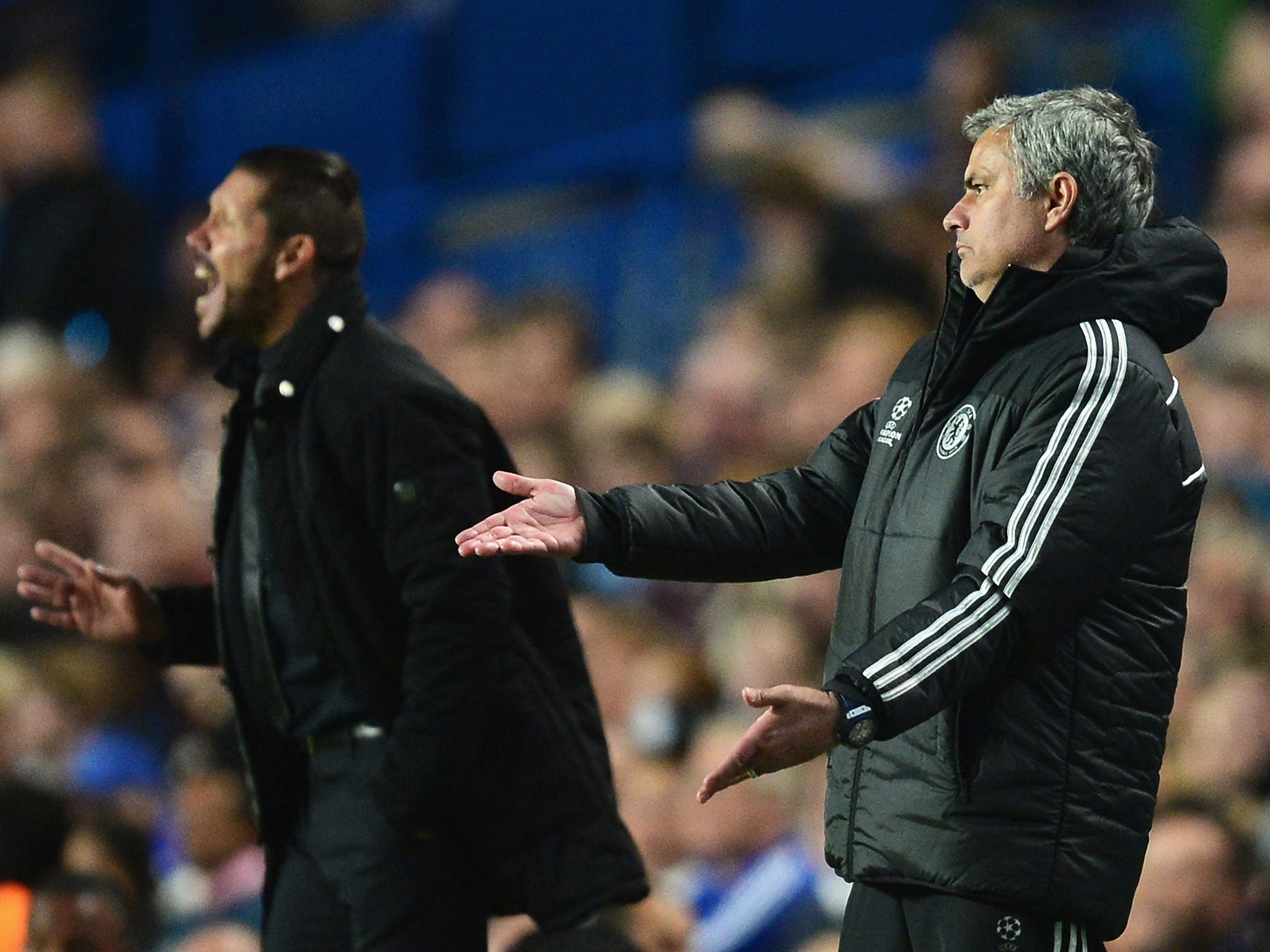 Jose Mourinho and Diego Simeone during Chelsea v Atletico Madrid