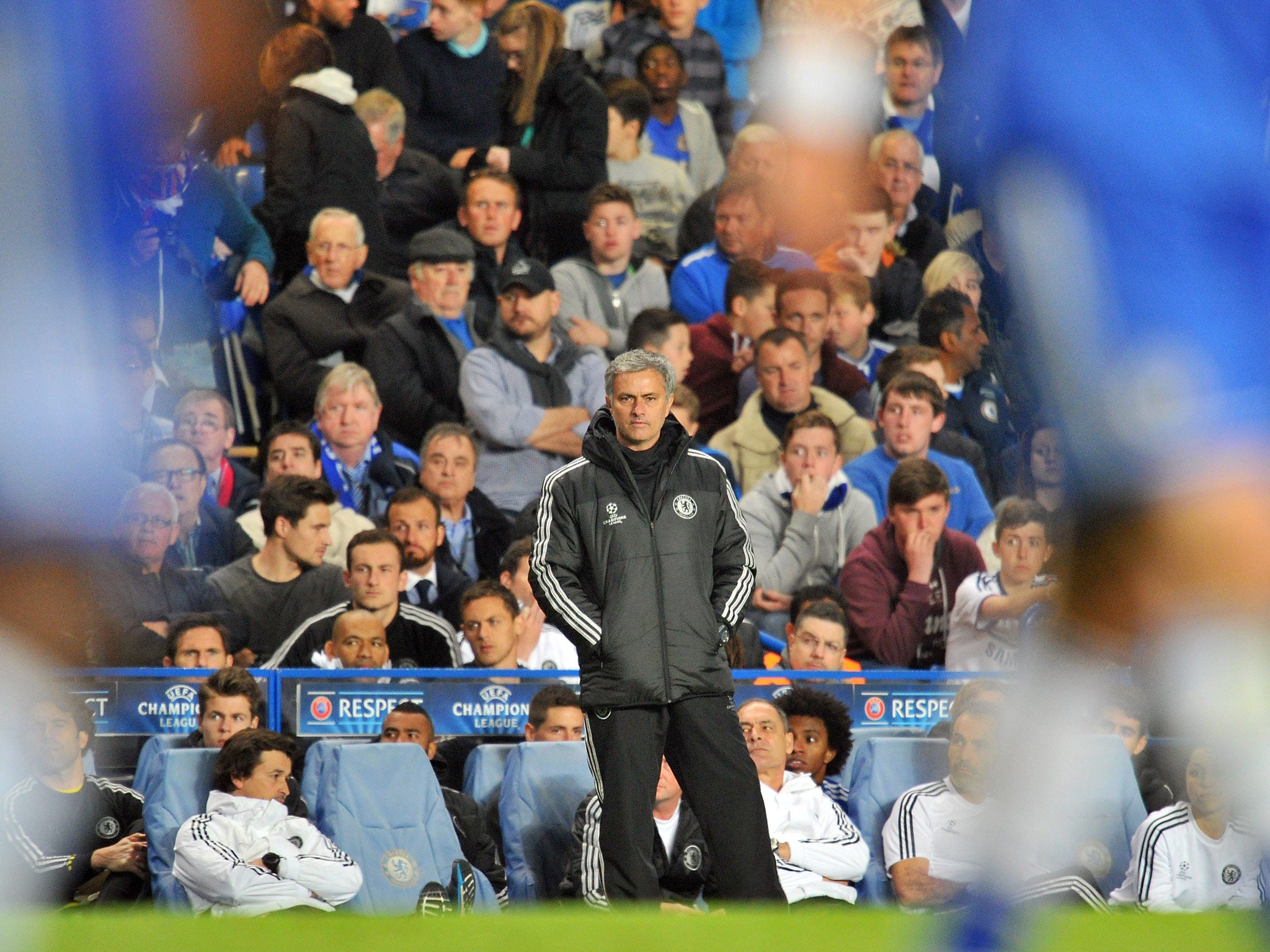 Jose Mourinho looks on during Chelsea's Champions League exit to Atletico Madrid