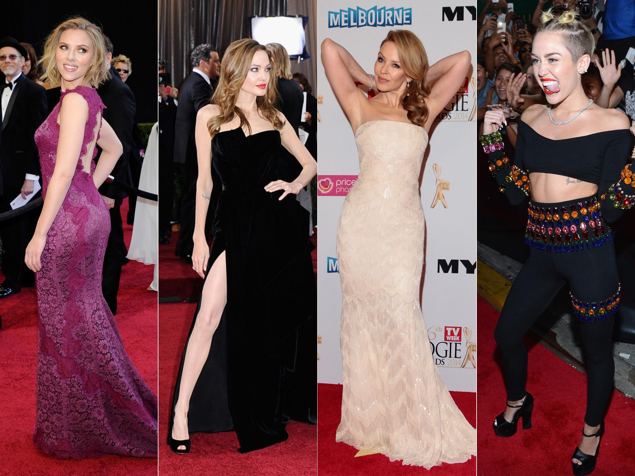 From left to right: backless: Scarlett Johansson; thigh high: Angelina Jolie; arms akimbo: Kylie Minogue; twerk out: Miley Cyrus