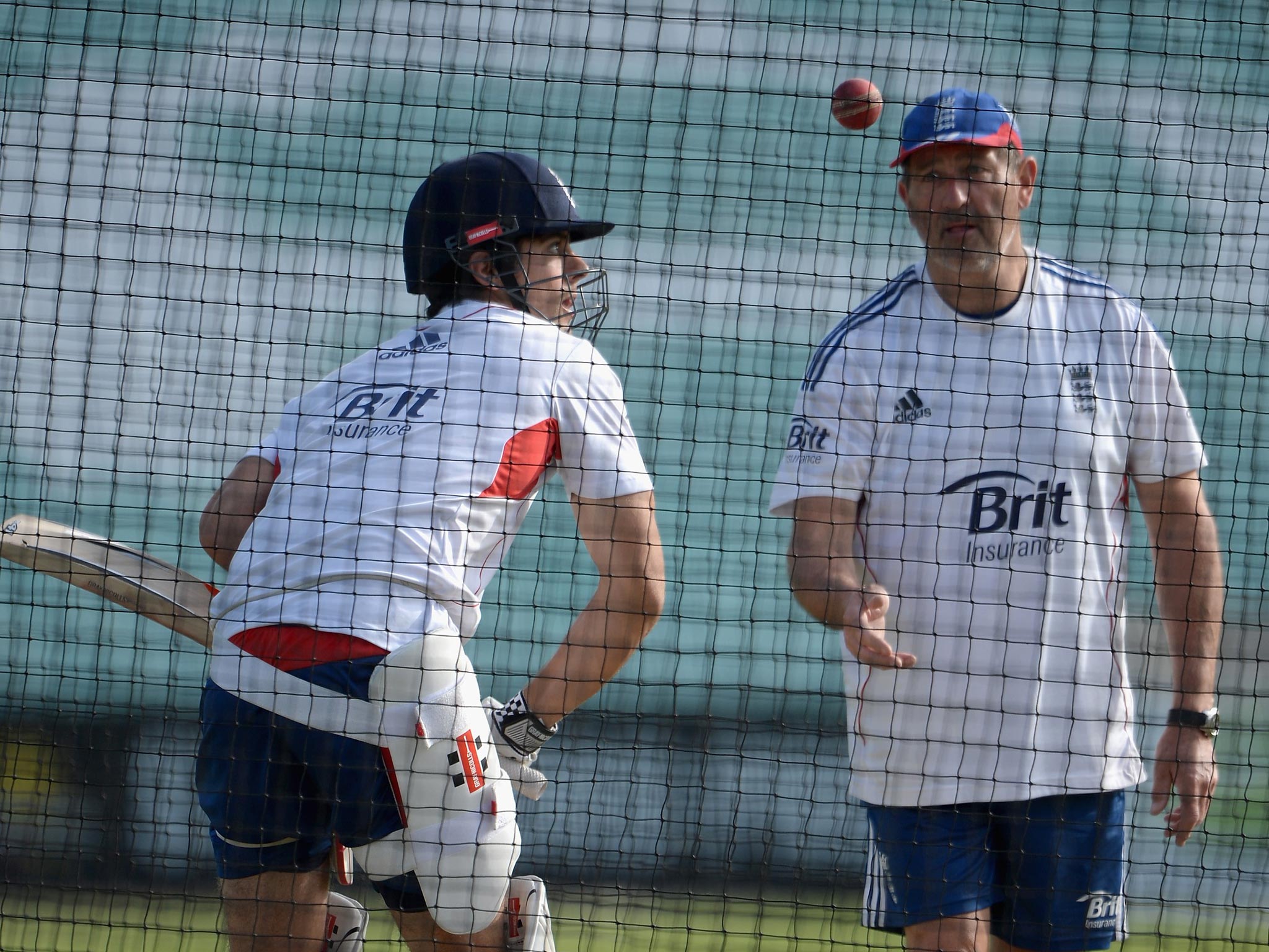 Graham Gooch working with Alastair Cook during nets at The Oval last year