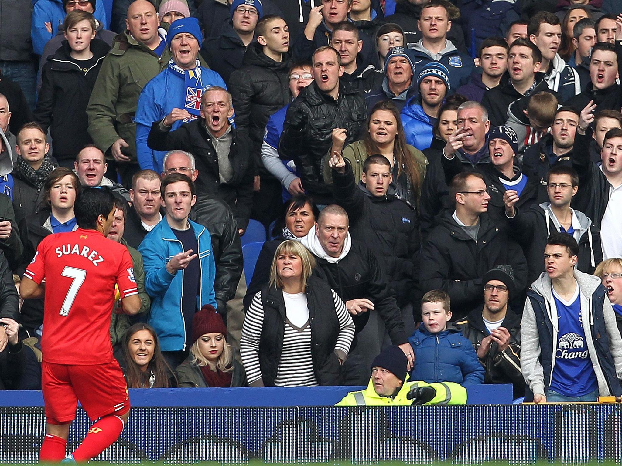 Liverpool’s Luis Suarez is given a warm reception by Everton supporters during a recent trip to Goodison Park