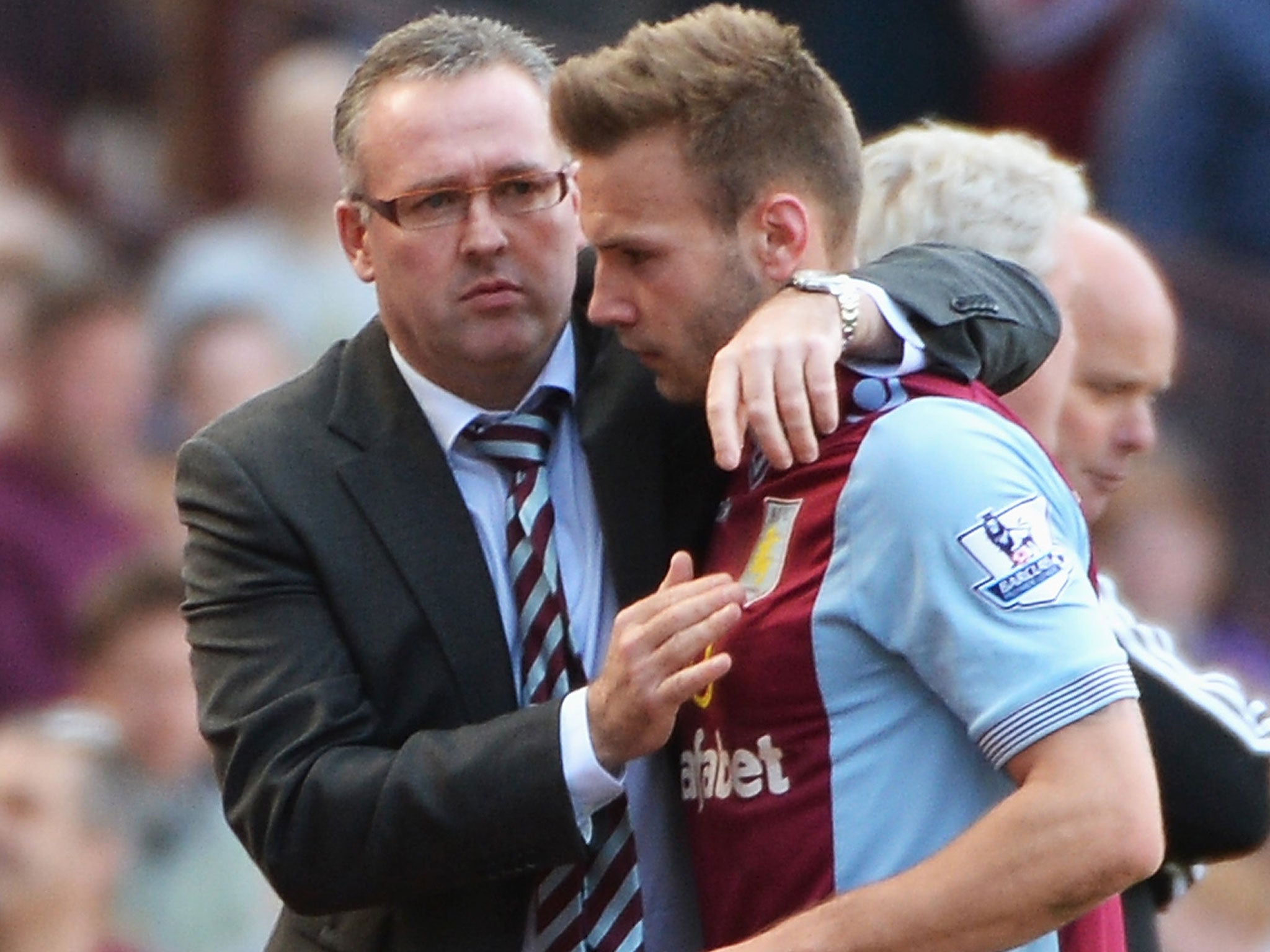 Aston Villa manager Paul Lambert congratulates goalscorer Andreas Weimann