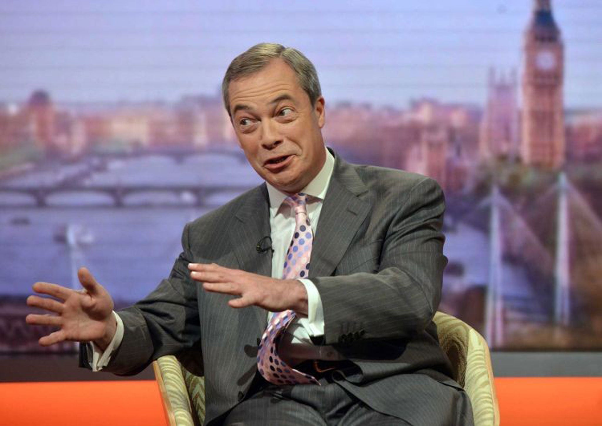 UKIP leader Nigel Farage on set for The Andrew Marr Show for BBC television, in London on 4 May 2014. Mr Farage hopes that success in the European elections will pave the way for the party to win seats in the national elections in 2015.