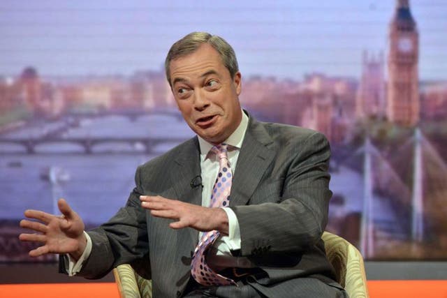 UKIP leader Nigel Farage on set for The Andrew Marr Show for BBC television, in London on 4 May 2014. Mr Farage hopes that success in the European elections will pave the way for the party to win seats in the national elections in 2015. 