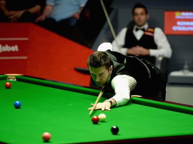 Mark Selby at the table during the final of the Snooker World Championship against Ronnie O'Sullivan