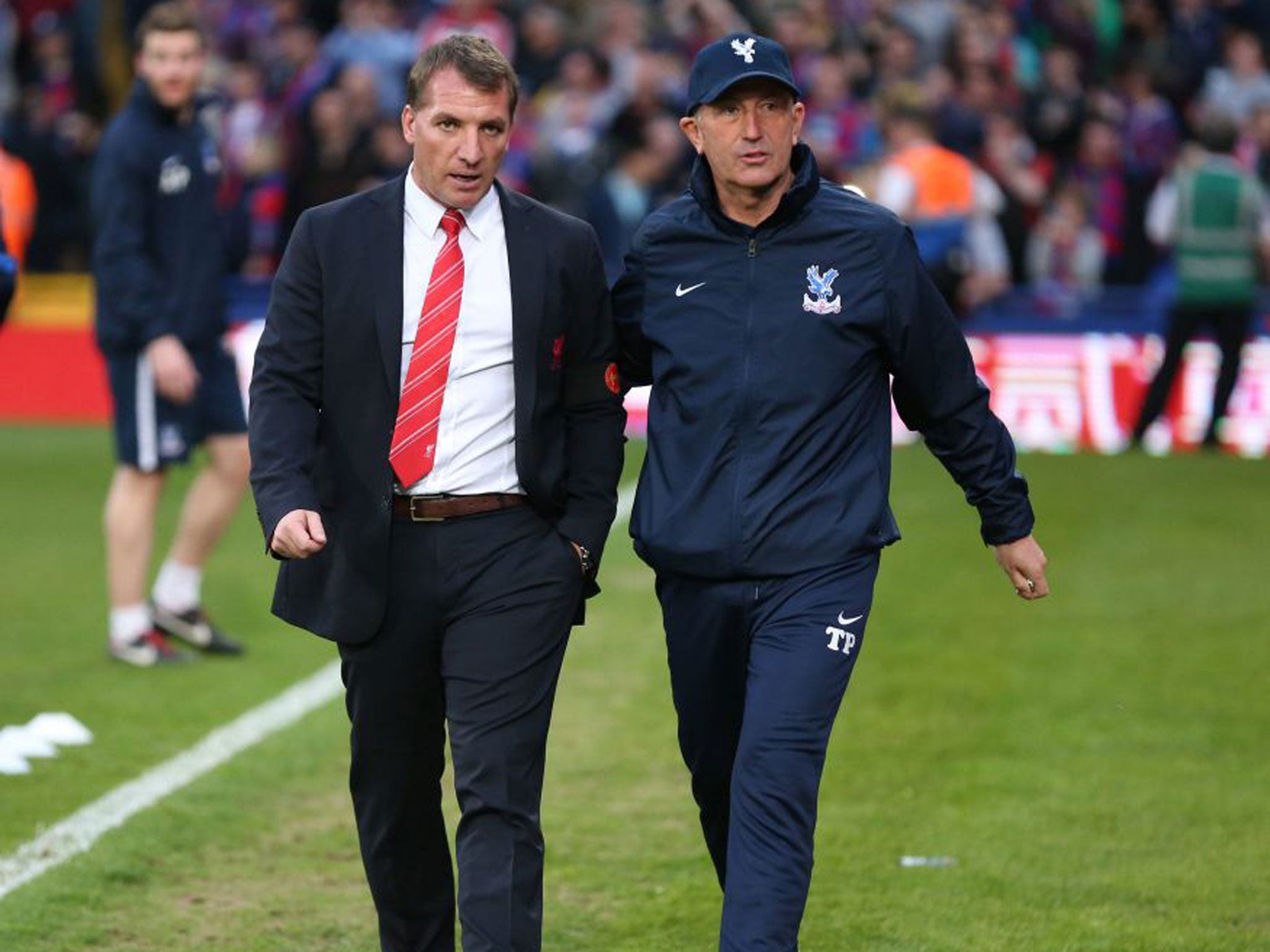 Palace manager Tony Pulis, right, alongside Brendan Rodgers before the start of last night’s match at Selhurst Park