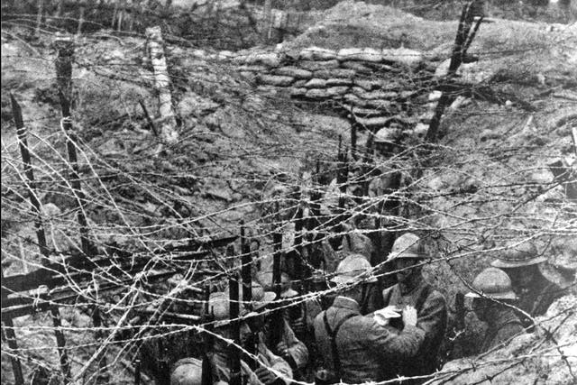 French troops line up for inspection on a trench on the Western Front