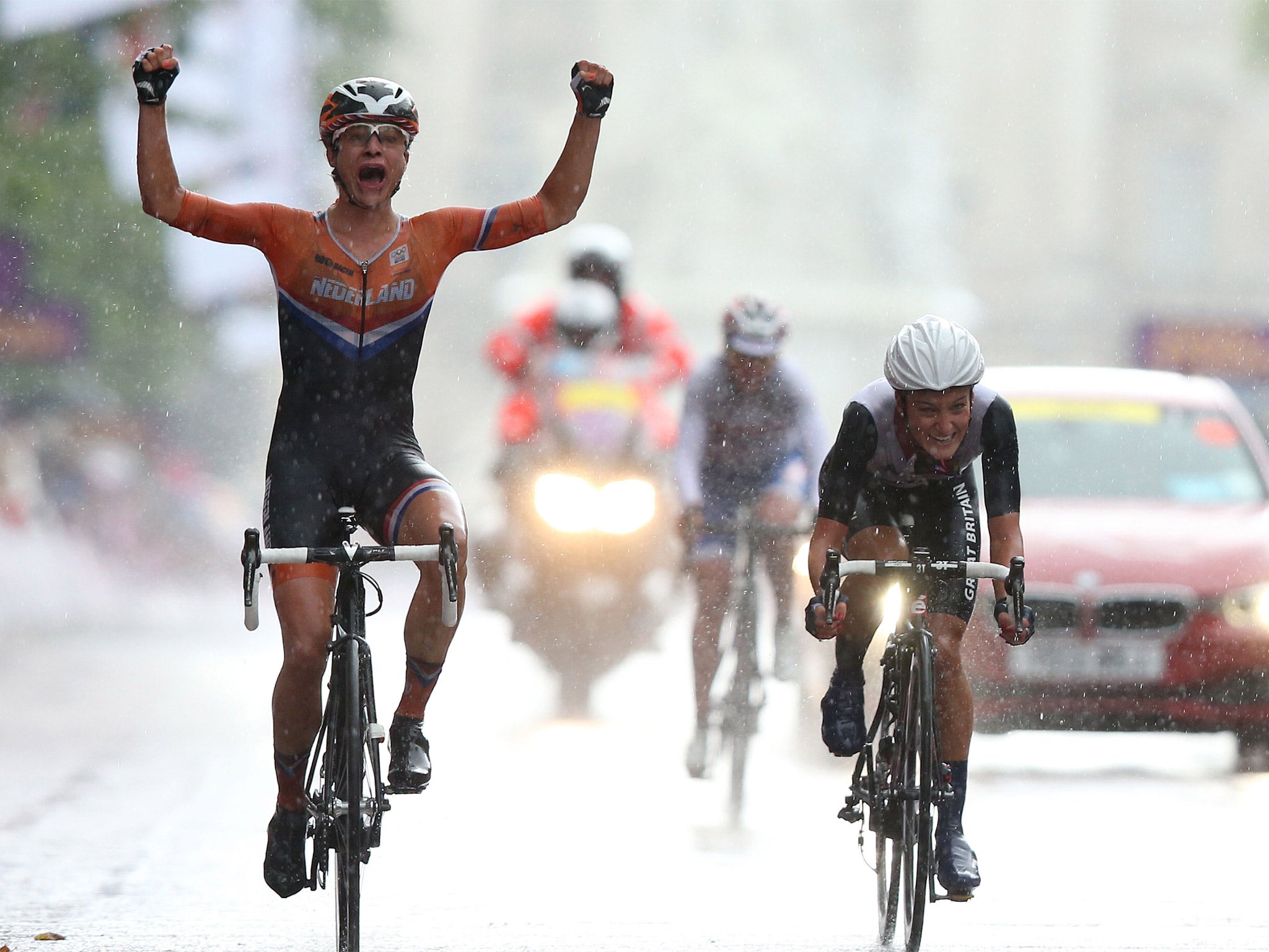 Marianne Vos (left) celebrates after beating Lizzie Armitstead to Olympic gold in London 2012