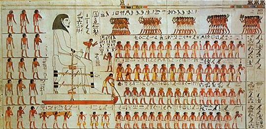 The wall painting from the tomb of Djehutihotep which scientists believe shows the water trick in action.