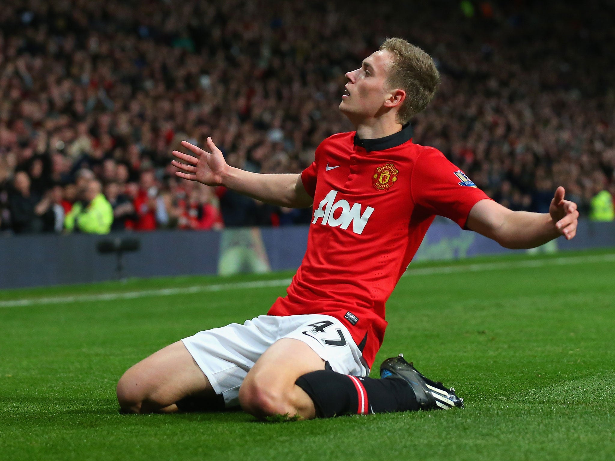 James Wilson celebrates his first goal for Manchester United