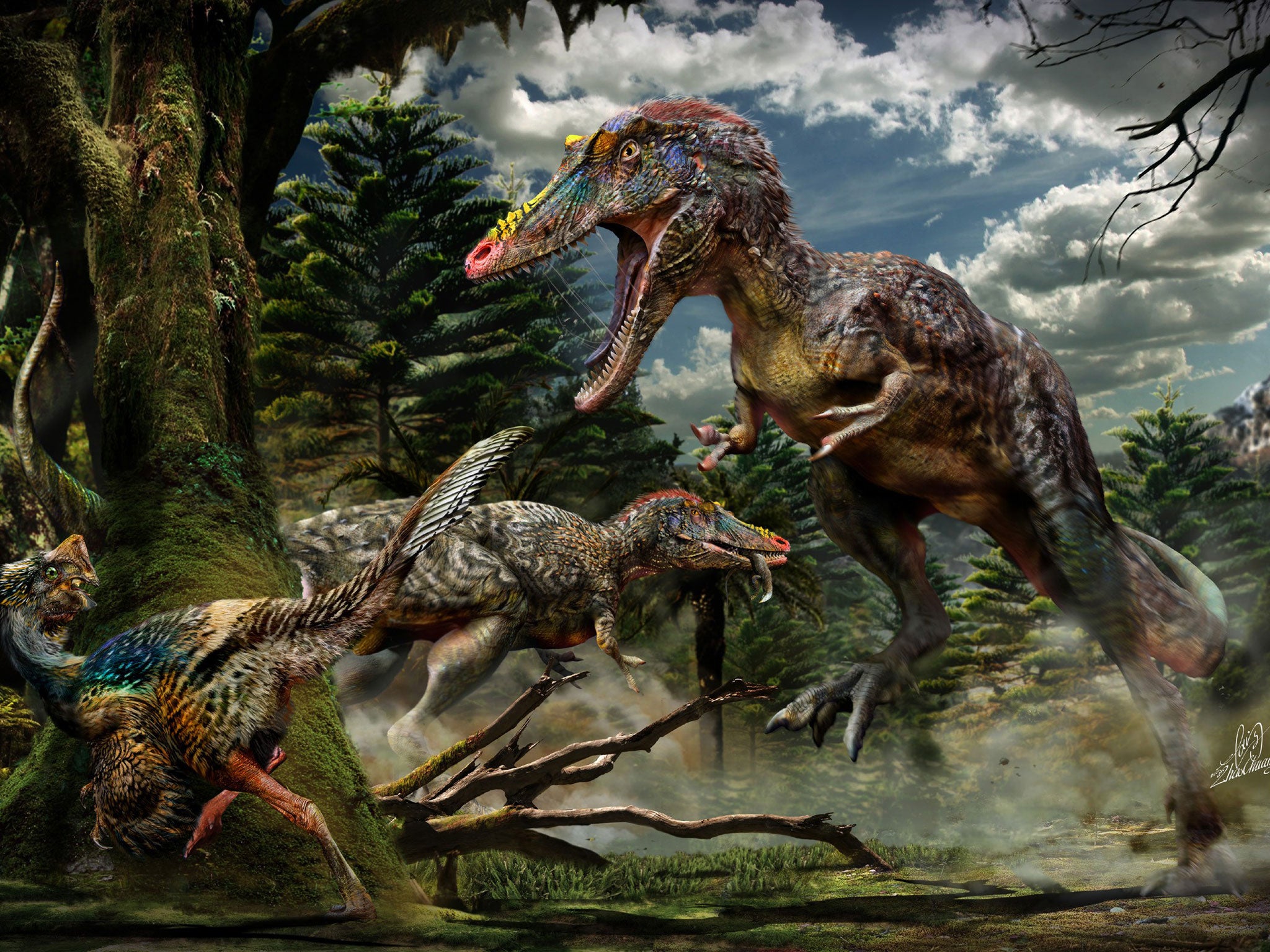 An artist's impression of a new species of dinosaur, called Qianzhousaurus sinensis