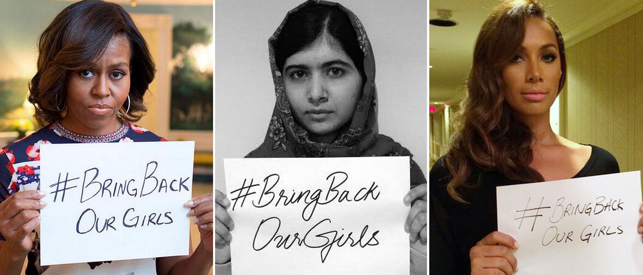 From left to right: Michelle Obama, Malala Yousafzai and Leona Lewis posted pictures of themselves holding a sign with the message #BringBackOurGirls