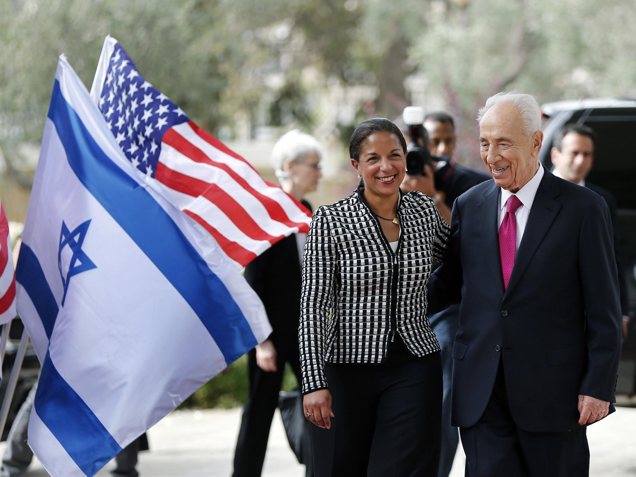 The Israeli President, Shimon Peres, greets Susan Rice, the US National Security Adviser, before their meeting in Jerusalem this week