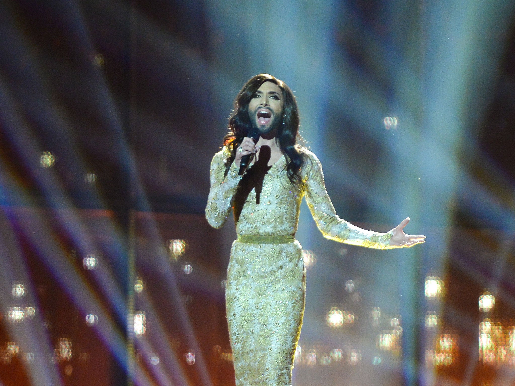 Conchita Wurst of Austria performs at the dress rehearsal of the Second Semi-Final of the Eurovision Song Contest 2014