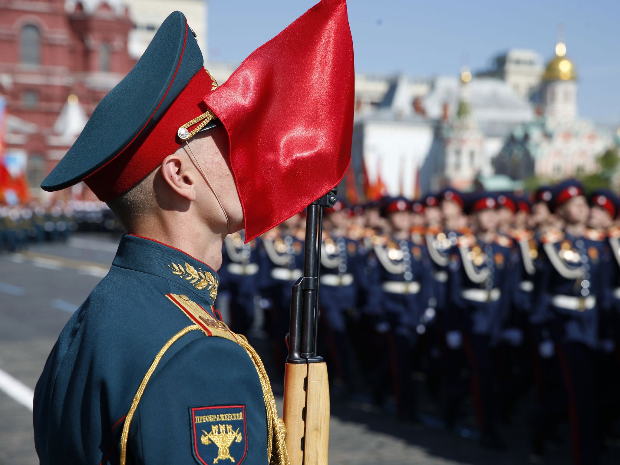 Russian troops march during a Victory Day parade, which commemorates the 1945 defeat of Nazi Germany, at Red Square in Moscow