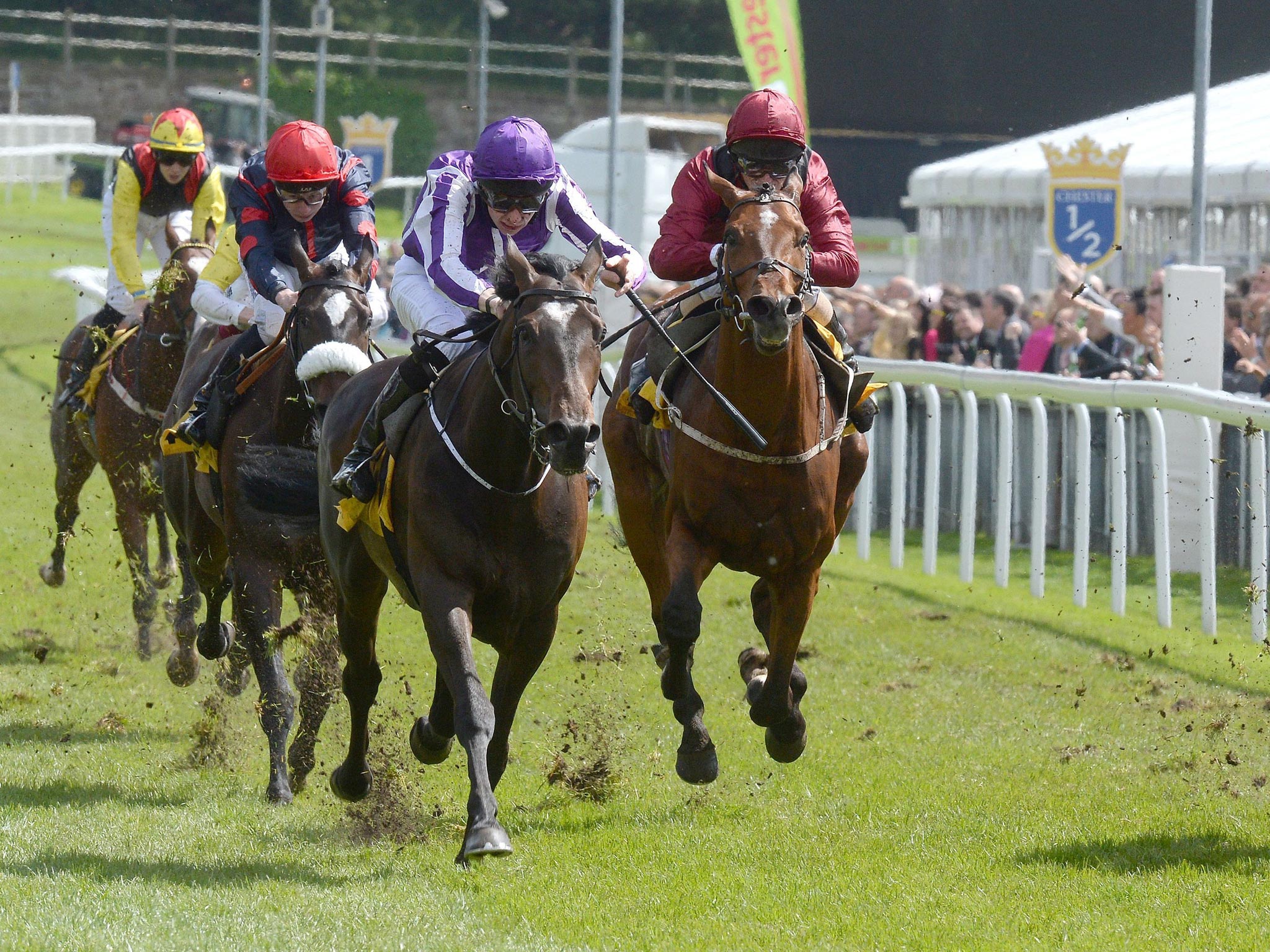 Kingfisher (centre) ridden by Joseph O’Brien wins the
The Betfair Cash Out Dee Stakes, at Chester yesterday