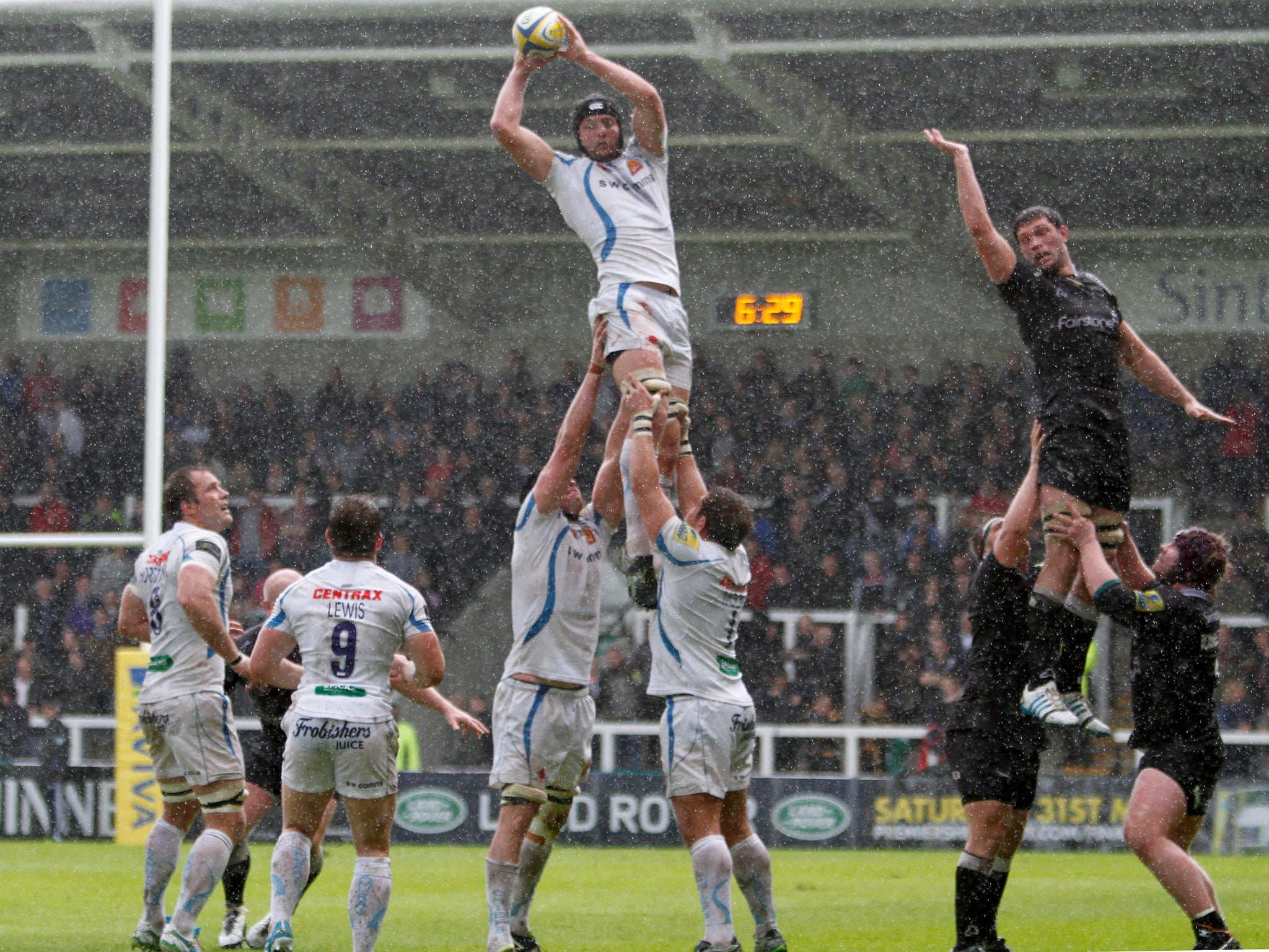 Dean Mumm of Exeter Chiefs wins the line out during the Aviva Premiership match between Newcastle Falcons and Exeter Chiefs at Kingston Park