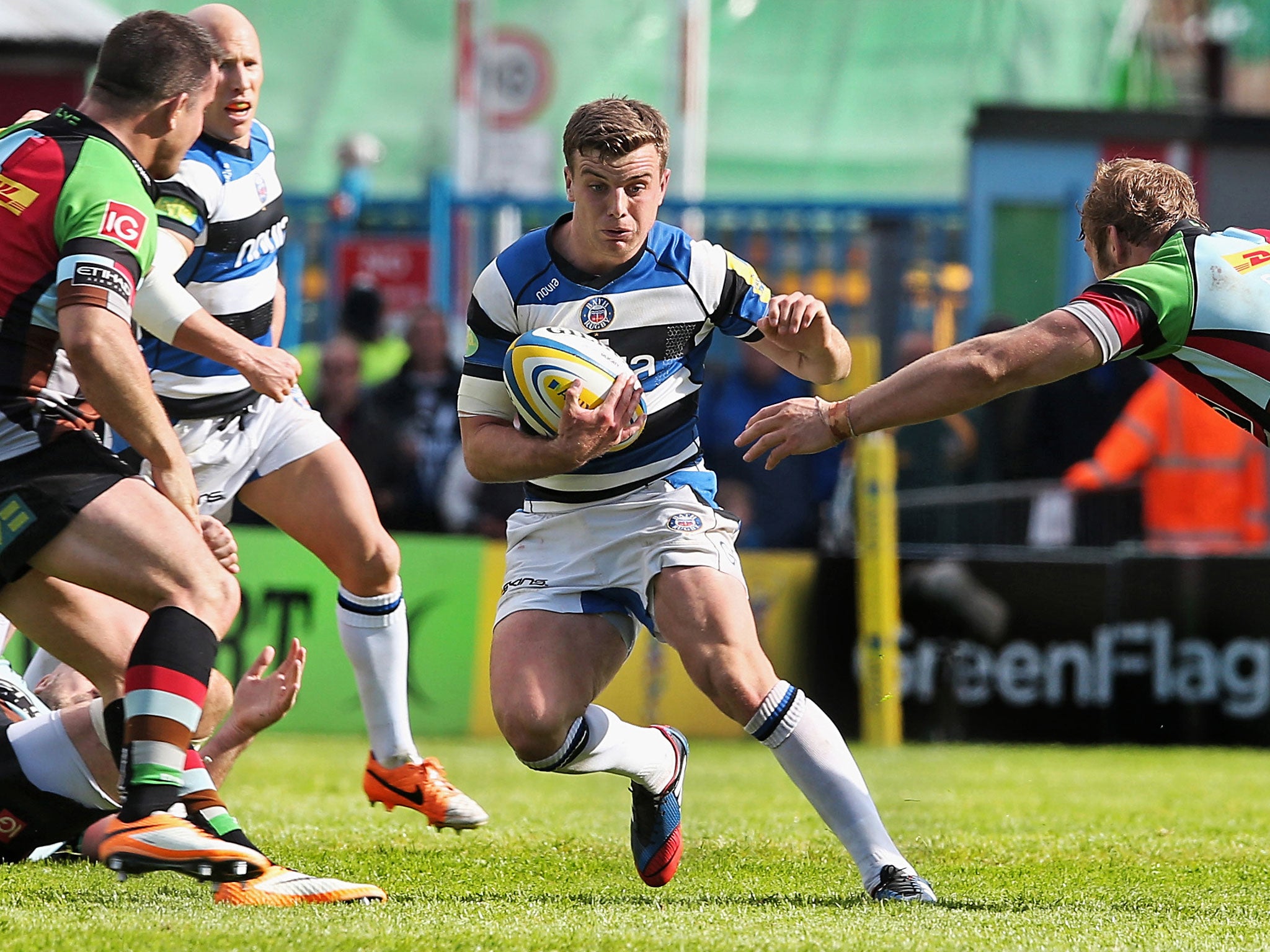 George Ford, the Bath outside-half, makes a break against Harlequins at the Stoop on Saturday, but a 19-16 defeat meant that Quins and not the West Countrymen take their place in the play-offs