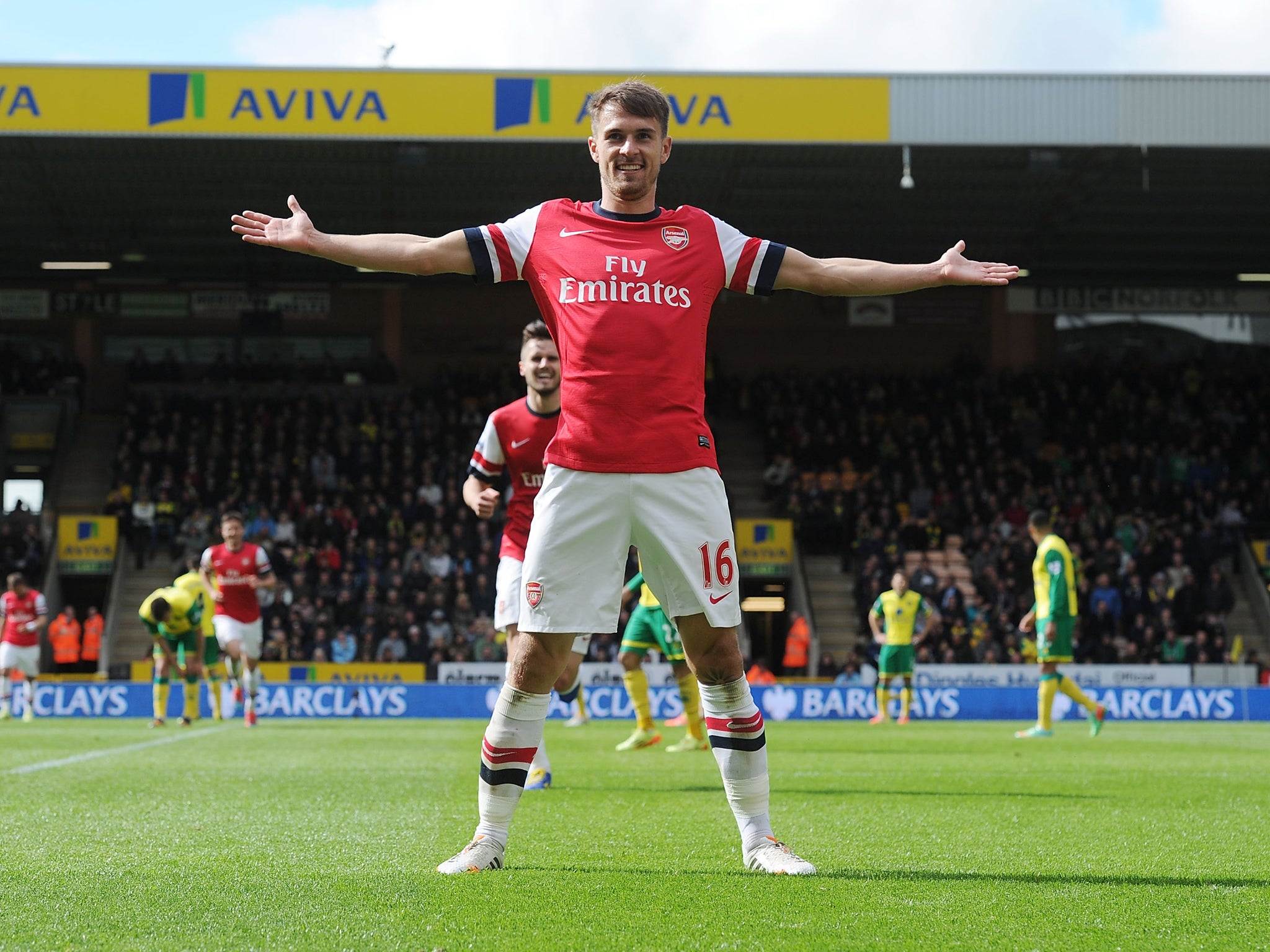 Aaron Ramsey celebrates scoring for Arsenal against Norwich