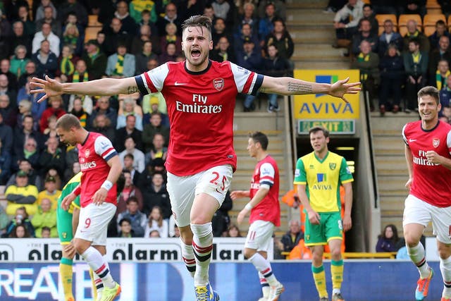 Carl Jenkinson celebrates scoring his first goal for Arsenal on the final day of the season against Norwich