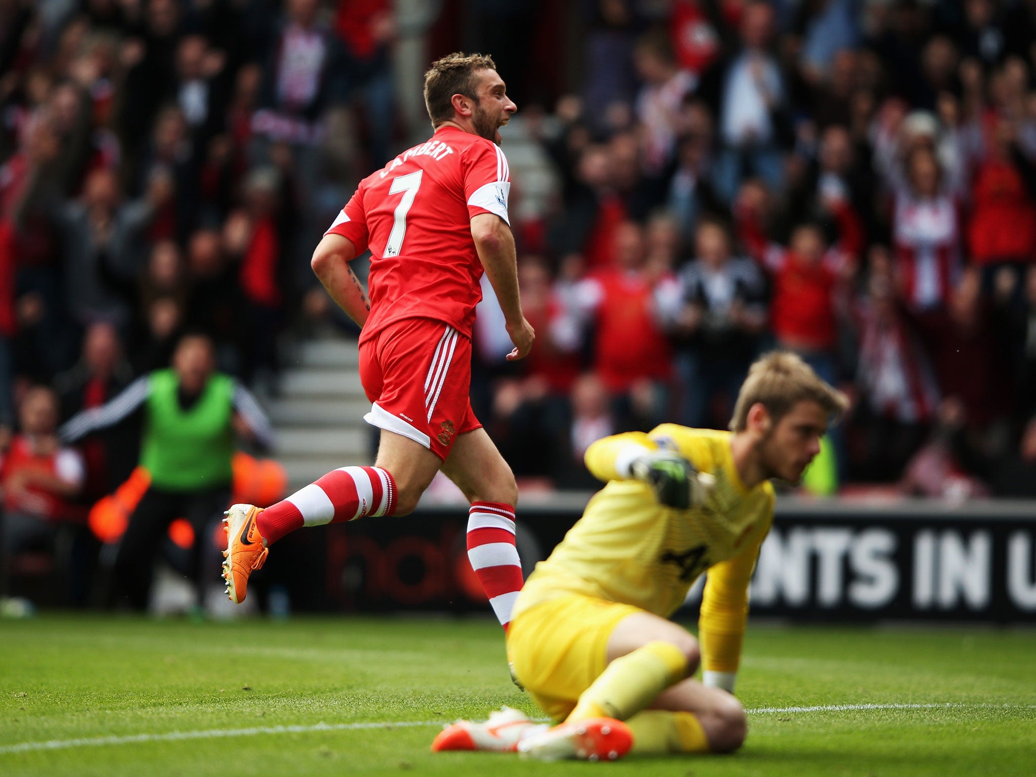 Rickie Lambert wheels away after giving the Saints the lead