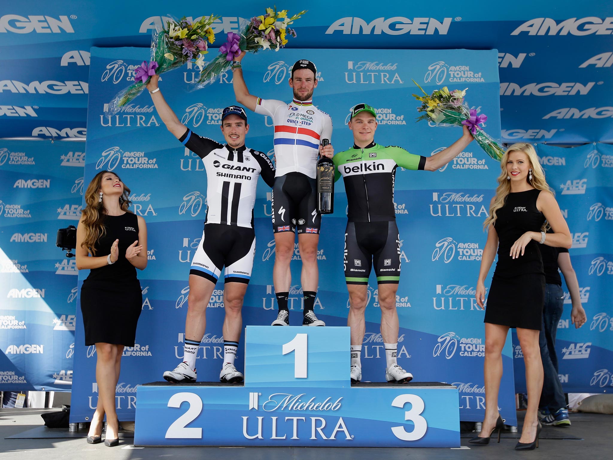 Mark Cavendish celebrates his Tour of California opening stage win