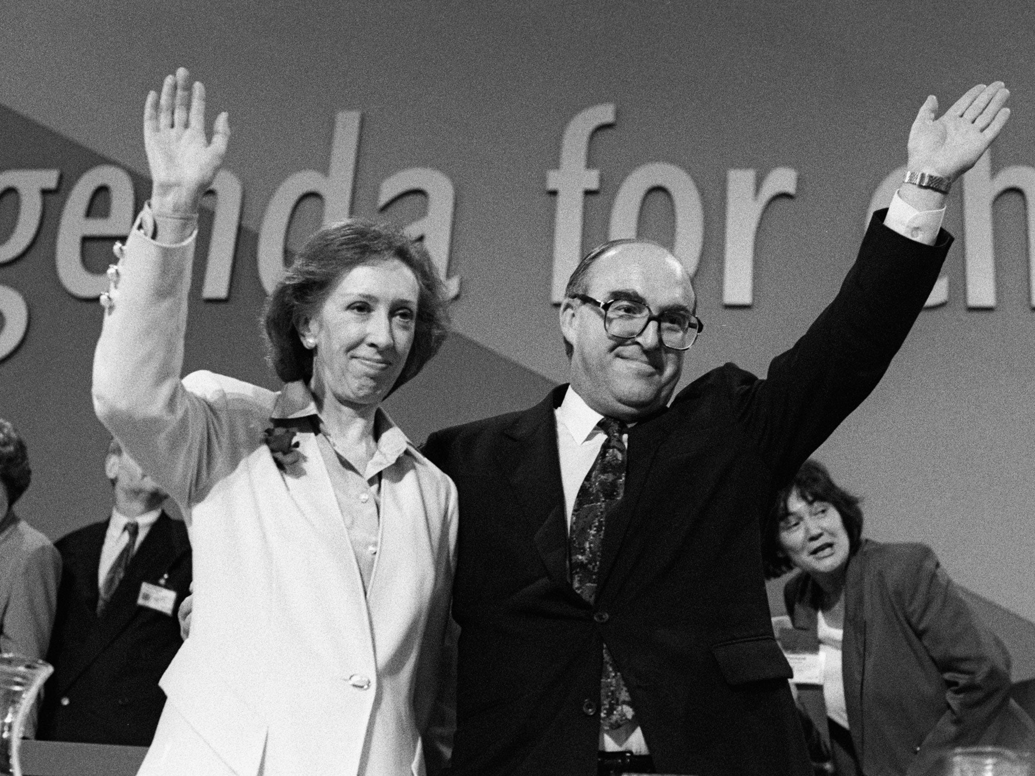 Margaret Beckett and John Smith at the closing ceremony of the Labour Party Conference in Blackpool in October 1992