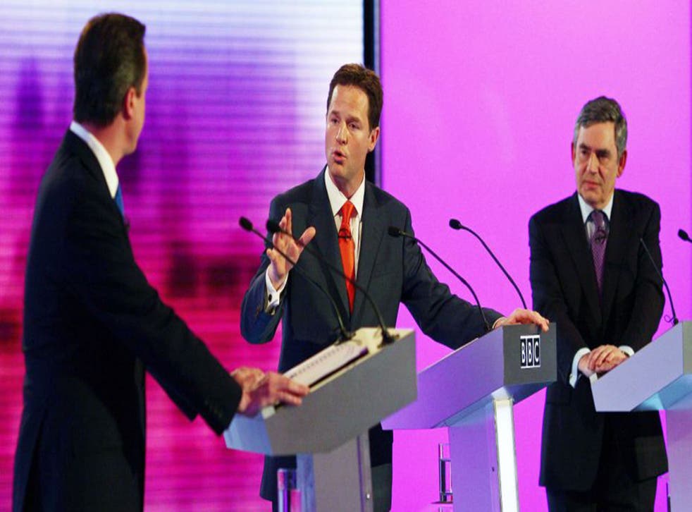 David Cameron, Nick Clegg, and then Prime Minister, Gordon Brown, participating in the final of three live televised debates before the General Election in 2010