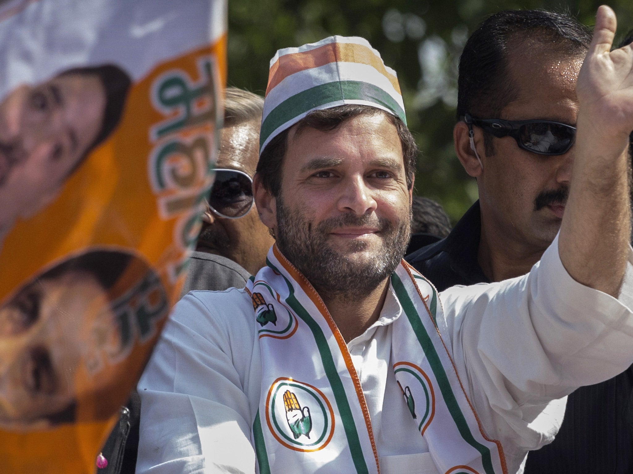 Congress Party’s Rahul Gandhi waves to supporters at a recent rally in Varanasi