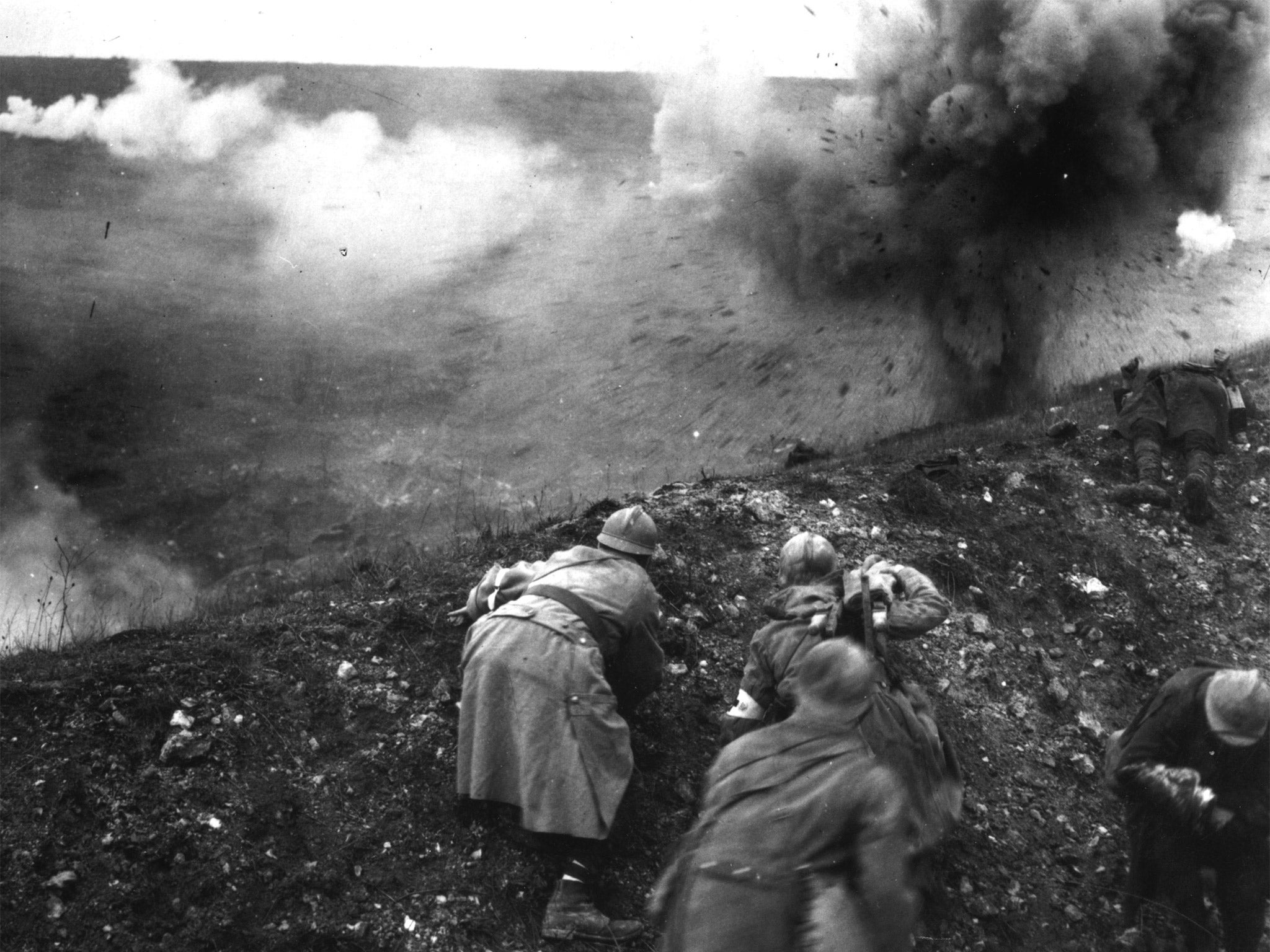 &#13;
French troops under shellfire during the Battle of Verdun (Getty)&#13;