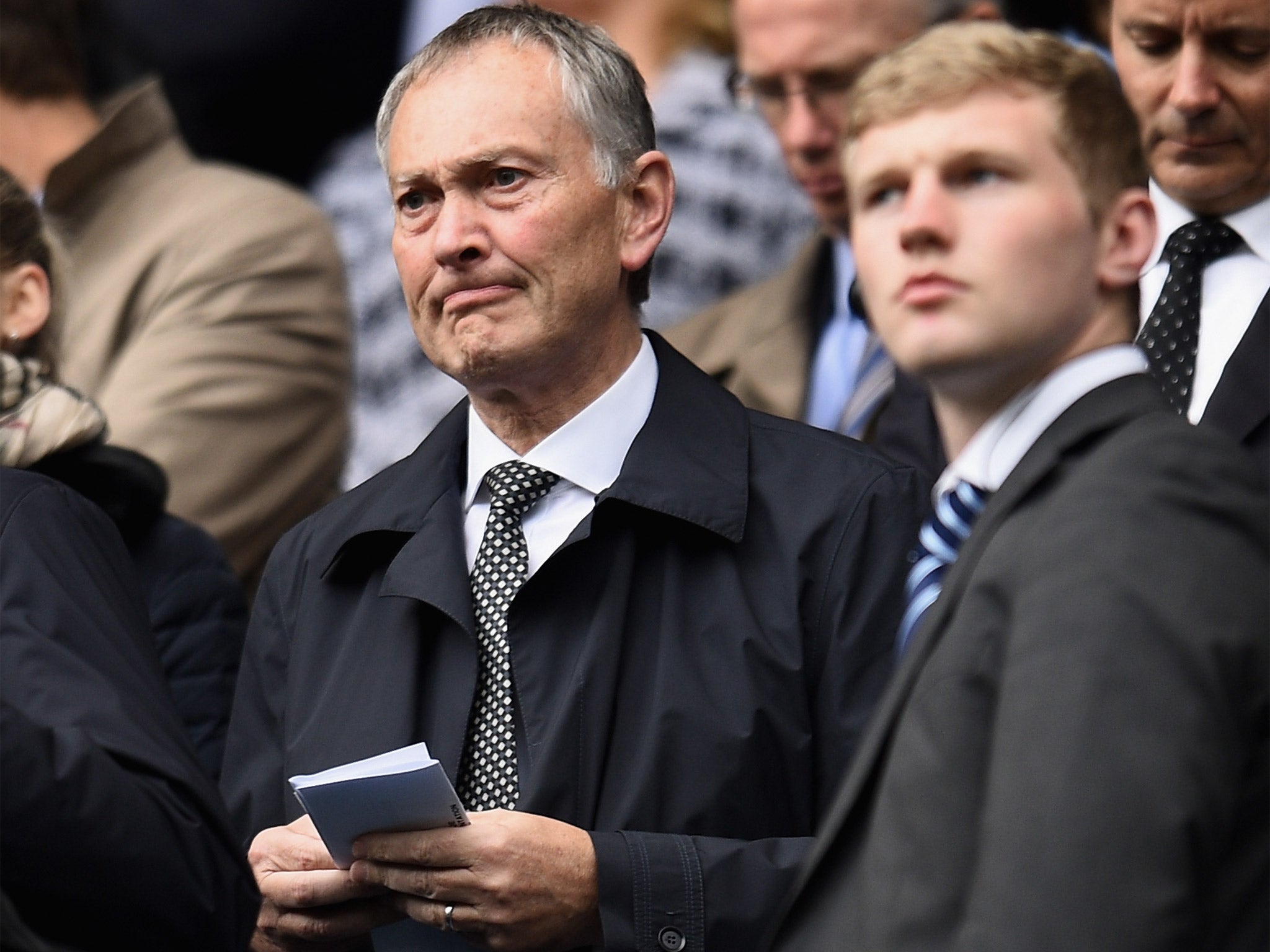 Richard Scudamore (left) watching Manchester City clinch the Premier League title on Sunday