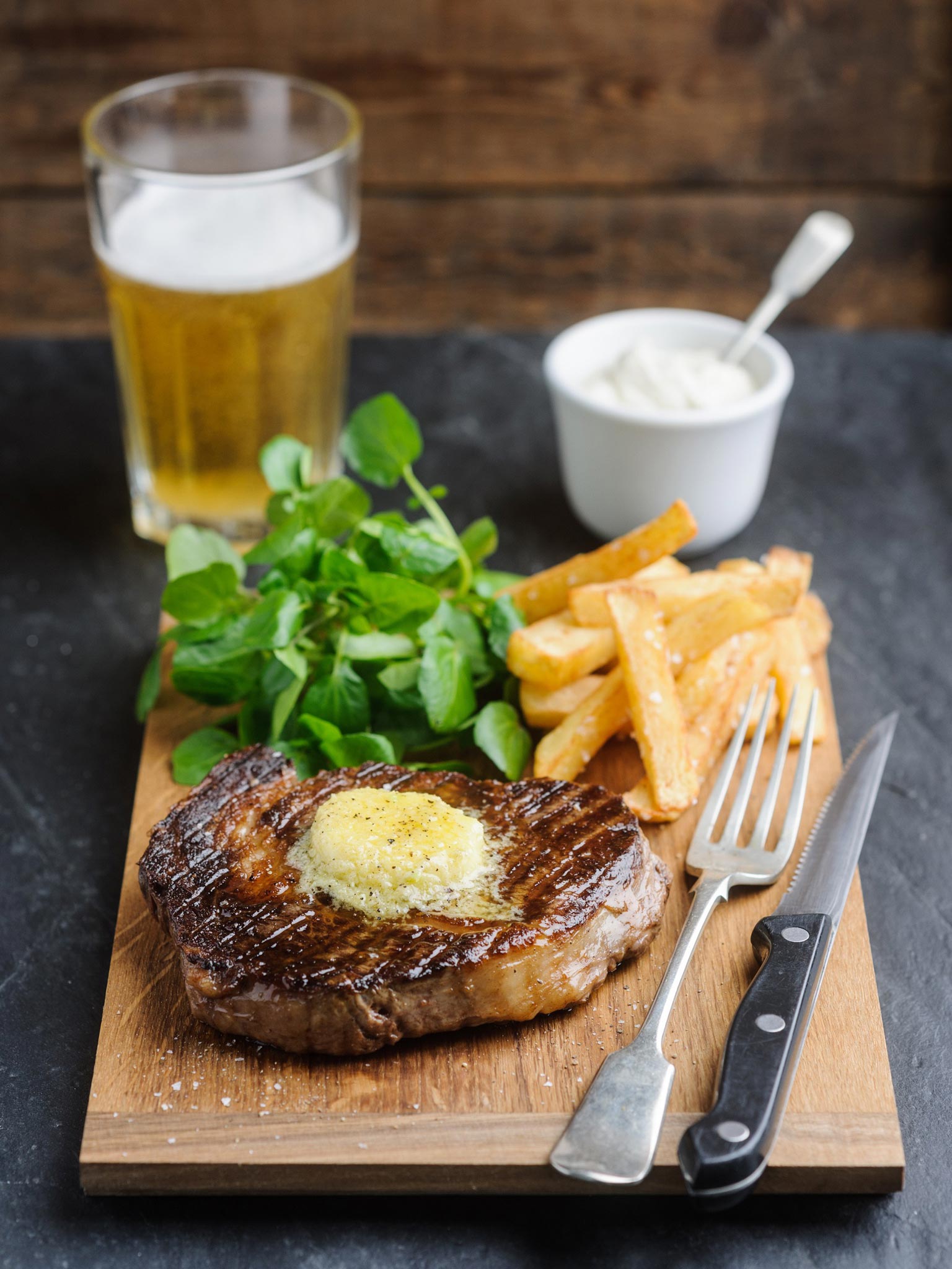 Steak with wasabi butter and wasabi aioli