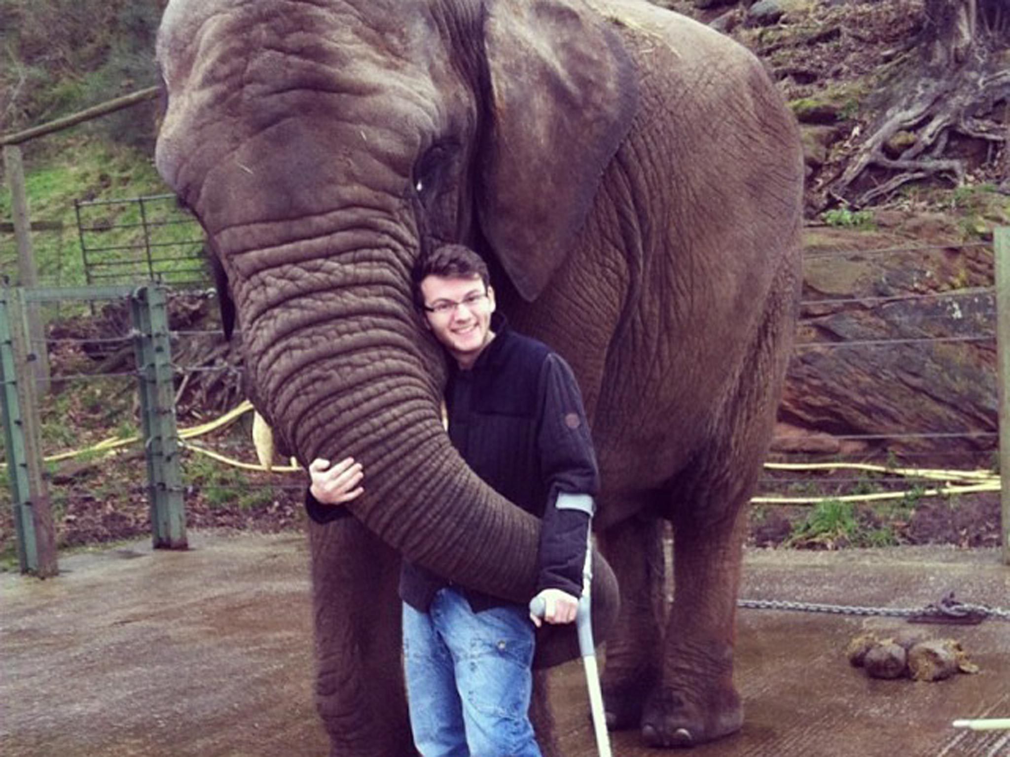 Sutton hugs an elephant – one of the items on his
bucket list