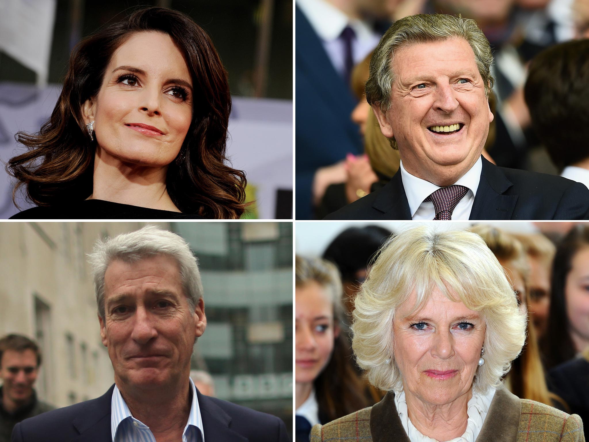 Celebrities who we'd like to see on Twitter (clockwise from top left): Tina Fey, Roy Hodgson, the Duchess of Cornwall and Jeremy Paxman