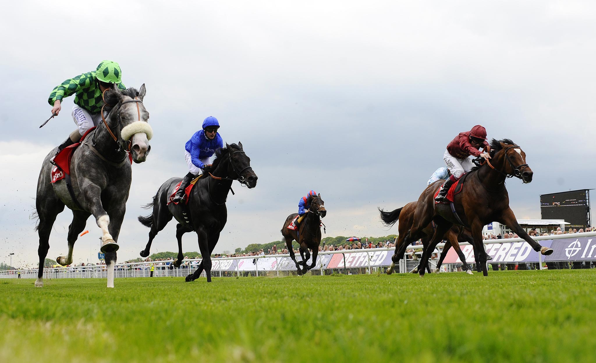 Ryan Moore riding The Grey Gatsby (left) wins the Dante Stakes at York with True Story and Kieren Fallon (second left) third