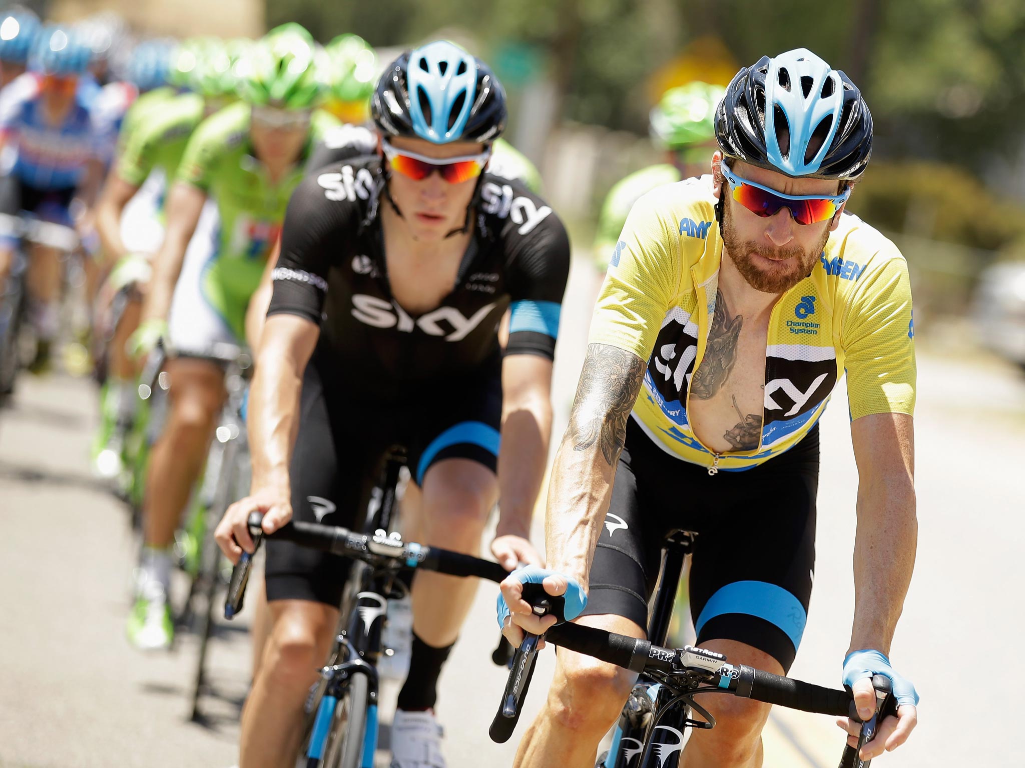 Bradley Wiggins of Great Britain riding for Team Sky defends his yellow jersey during stage five of the 2014 Amgen Tour of California