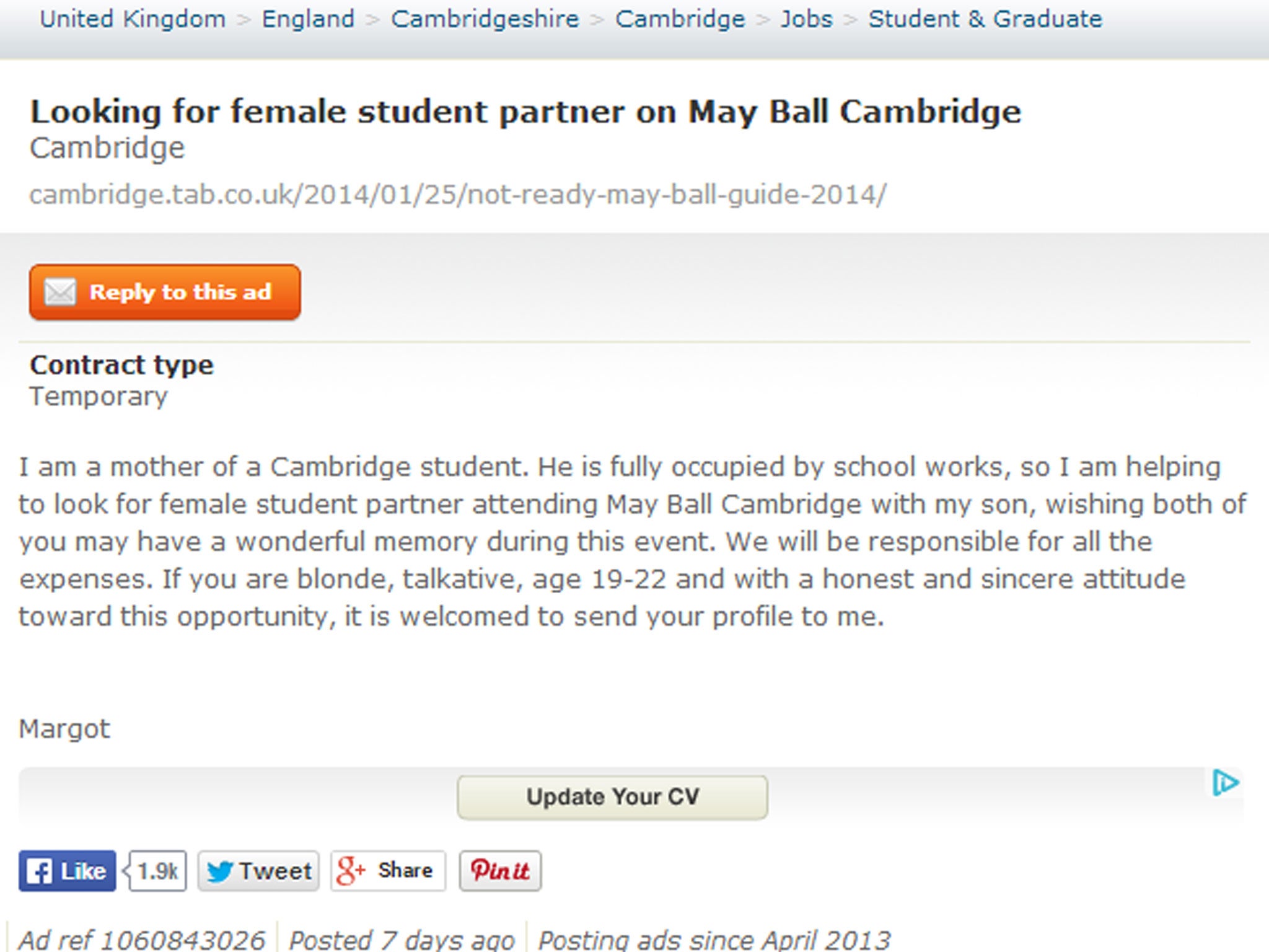 An advert posted by the mother of a University of Cambridge student