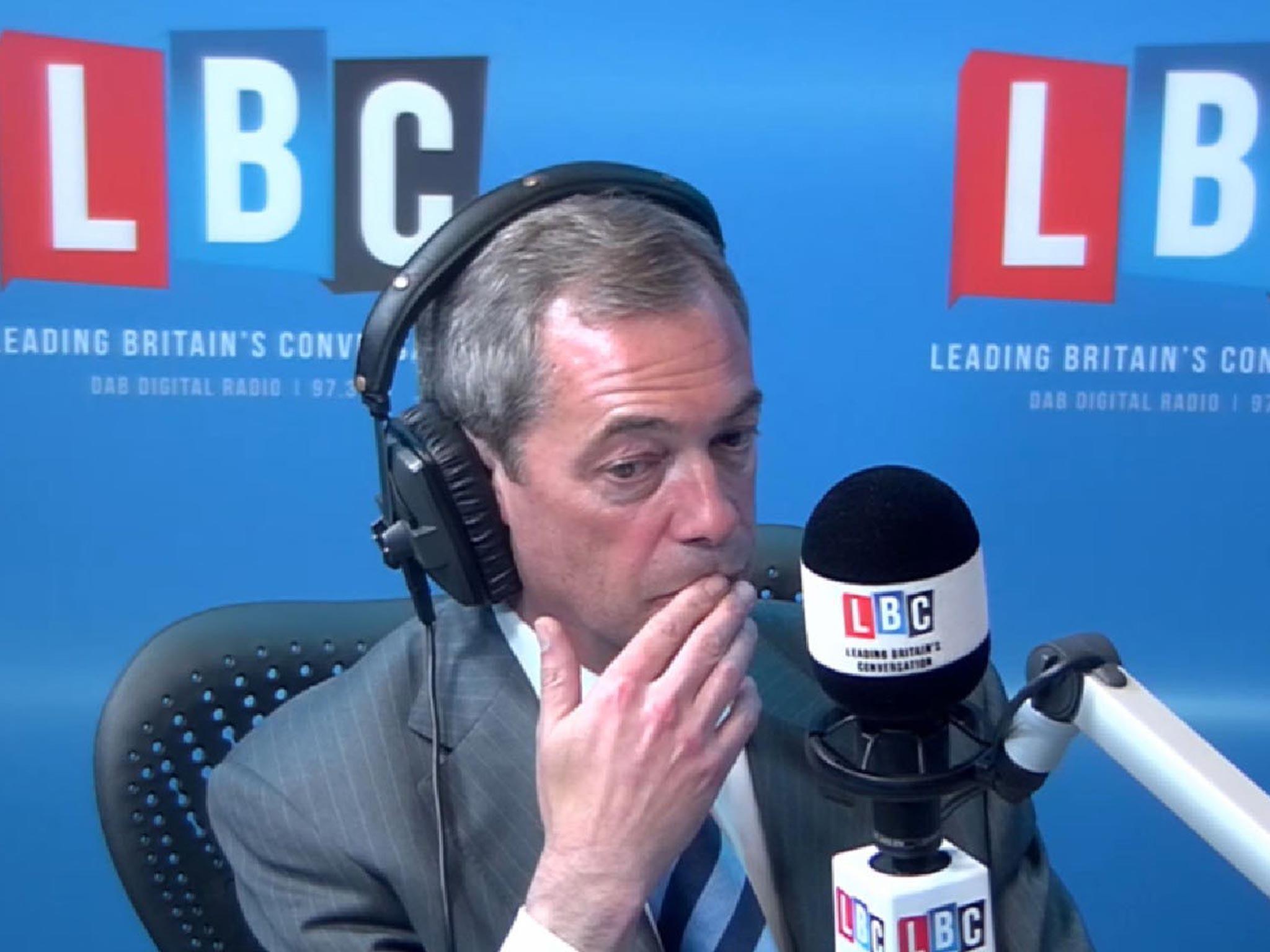 Ukip leader Nigel Farage looked increasingly uncomfortable as he was grilled on LBC