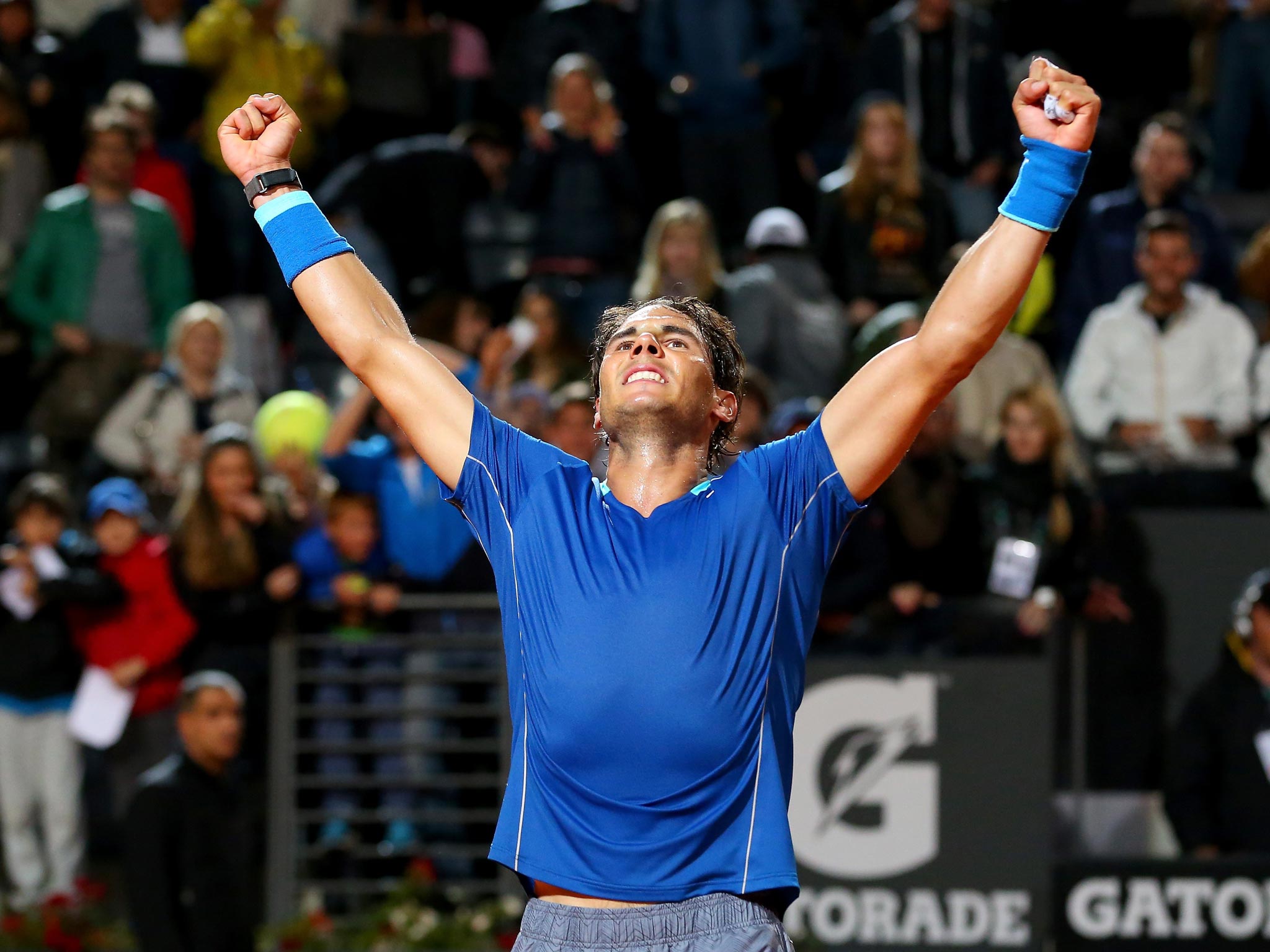 Rafael Nadal celebrates defeating Andy Murray during day six of the Internazionali BNL d'Italia tennis