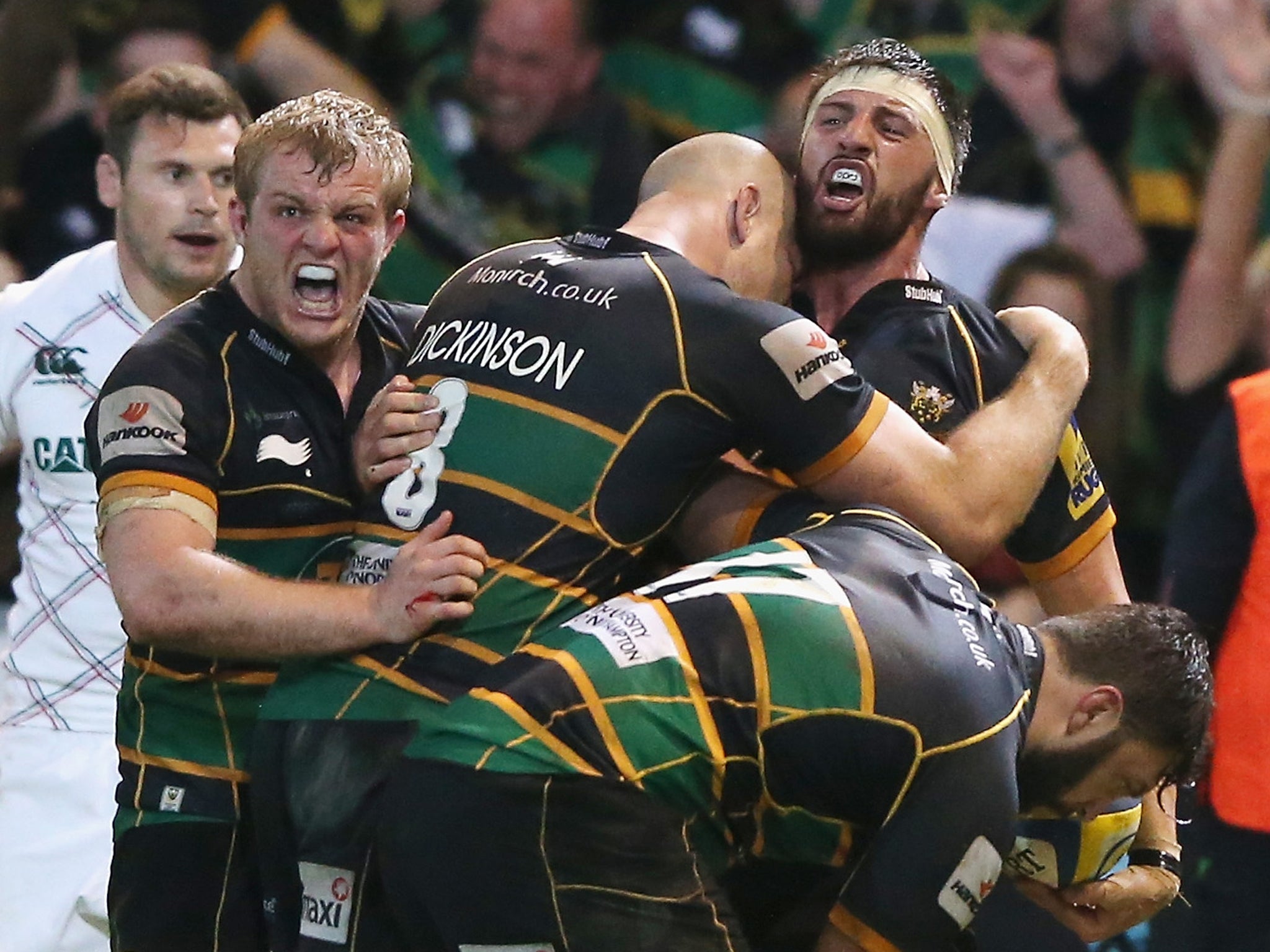 Tom Wood celebrates his match-wining try in Northampton's 21-20 win over Leicester