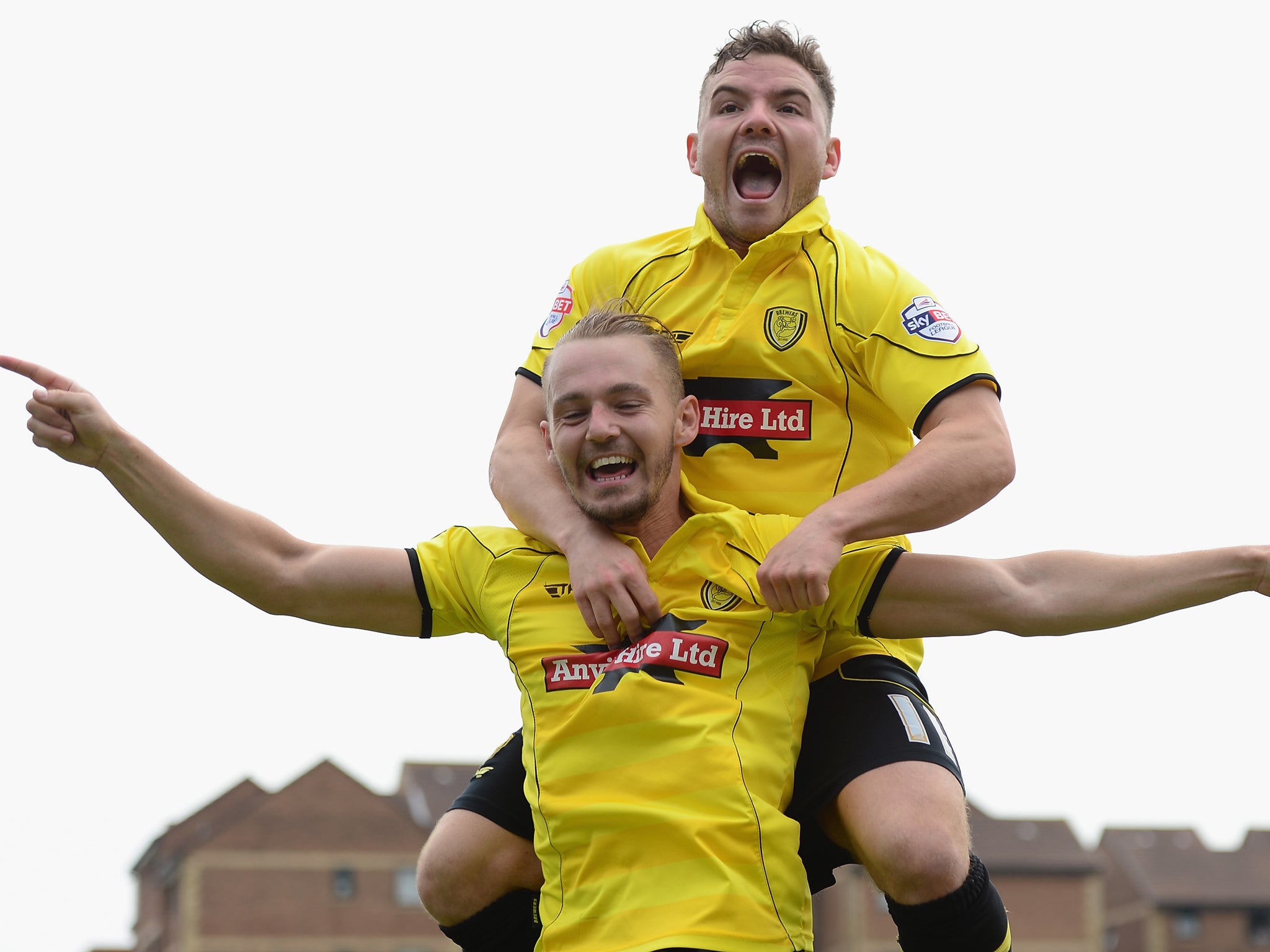 Adam McGurk of Burton Albion celebrates his goal with Alex McDonald during the Sky Bet League Two semi-final, second leg match between Southend United and Burton Albion
