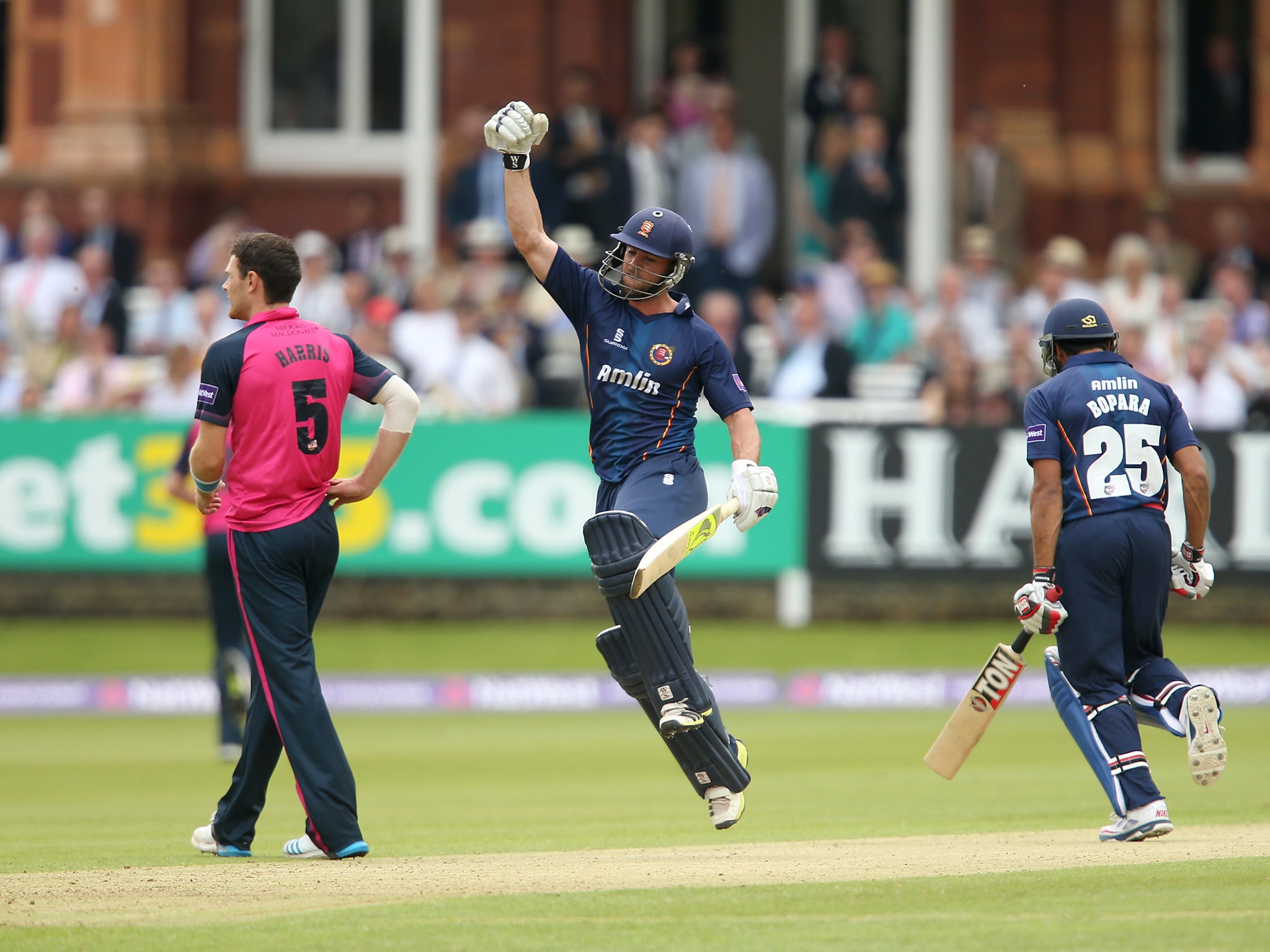 Mark Pettini of the Essex Eagles celebrates victory over the Middlesex Panthers during the Natwest T20 Blast match at Lord's Cricket Ground on May 17, 2014 i