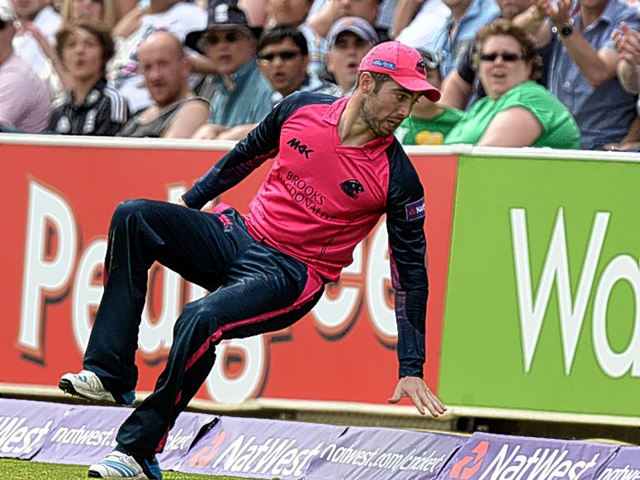 Andrew Balbirnie of Middlesex attempts to take a stunning catch...